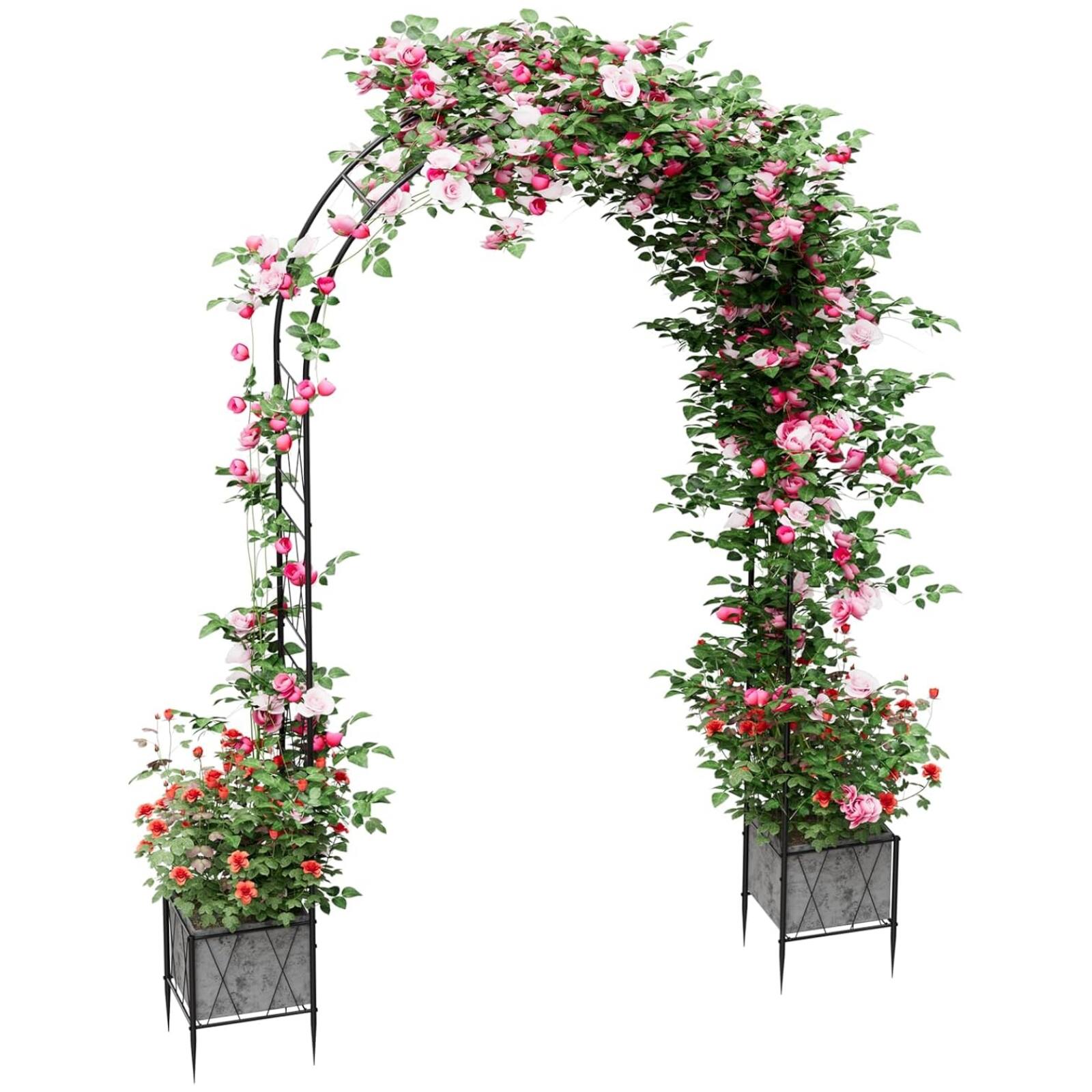 Back. Oumilen - Adjustable Garden Arch Trellis with Side Planter Baskets, Black Outdoor Arbor for Climbing Roses Vines Wedding Decor.