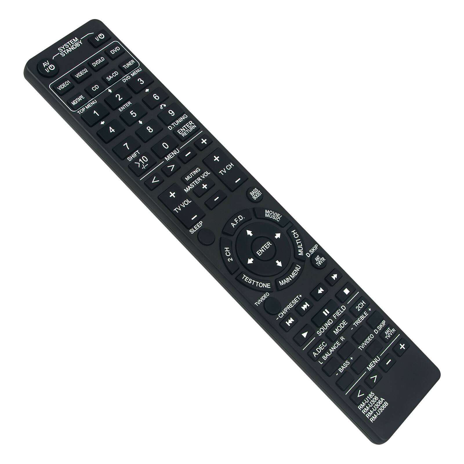 Q/l SYSTEM DVD AV Q/1 DVD/CD TUNER VIDEO2 SA-CD DVD MENU VIDEO1 3 CD W MOITAPE 2 6 TOP MENU ENTER es 1 5 9 4 * 8 D.TUNING RETURN 7 0 + SHIFT MENU I >10 + r/ ^ CH MUTING VOL TV V MASTER I + + BASS BOOST TV VOL A.F.D. WOW! SLEEP CH CH 2 ENTER MULTI D.SKIP TVVTR TESTTONE MAINMENU TVVIDEO -CH/PRESET+ III 2CH " FIELD TREBLE SOUND MODE R D.SKIP TOUTR A.DEC BALANCE TVVIDEO + 7 MENU BASS V RM-U185 RM-U306B