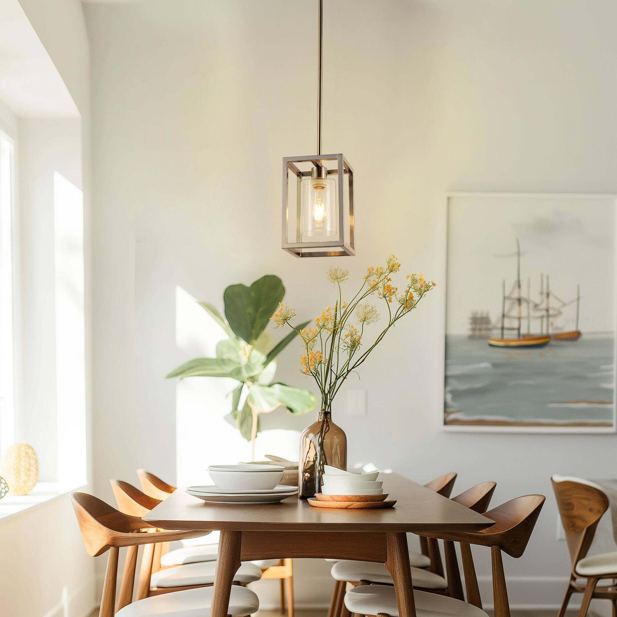 Left. Jandcase - JANDCASE 1-Light Nickel Pendant Light, Clear Glass Shade, E26 Socket, Non-Integrated Bulbs, for Dining Room - Silver.