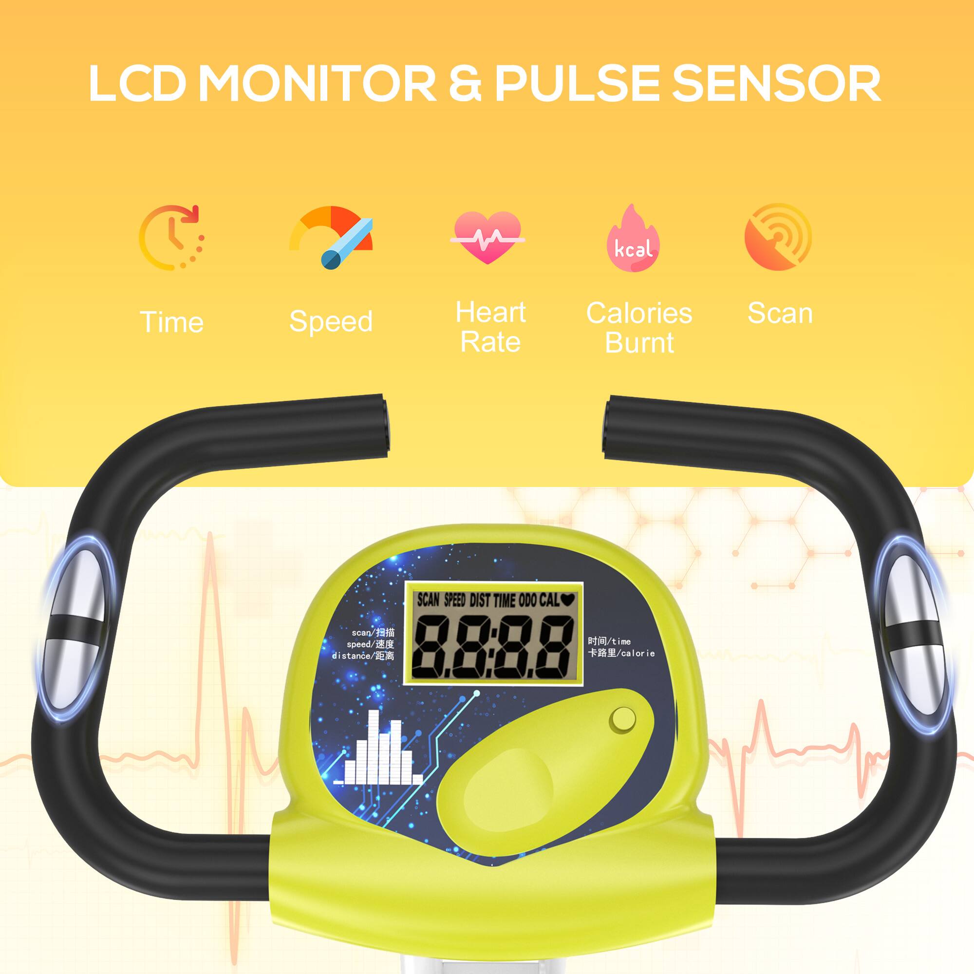 LCD MONITOR & PULSE SENSOR

- Time
- Speed
- Heart Rate
- Calories Burnt
- Scan

SCAN SPEED DIST
0.8.8.8

TIME 000 CAL
1:8.8

scan/扫描
speed/速度
distance/距离