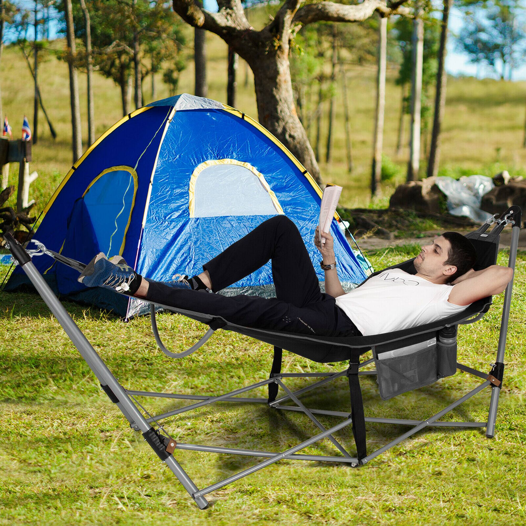 Alt View 1. Costway - Costway Folding Hammock Indoor & Outdoor Hammock with Side Pocket & Iron Stand - Black.