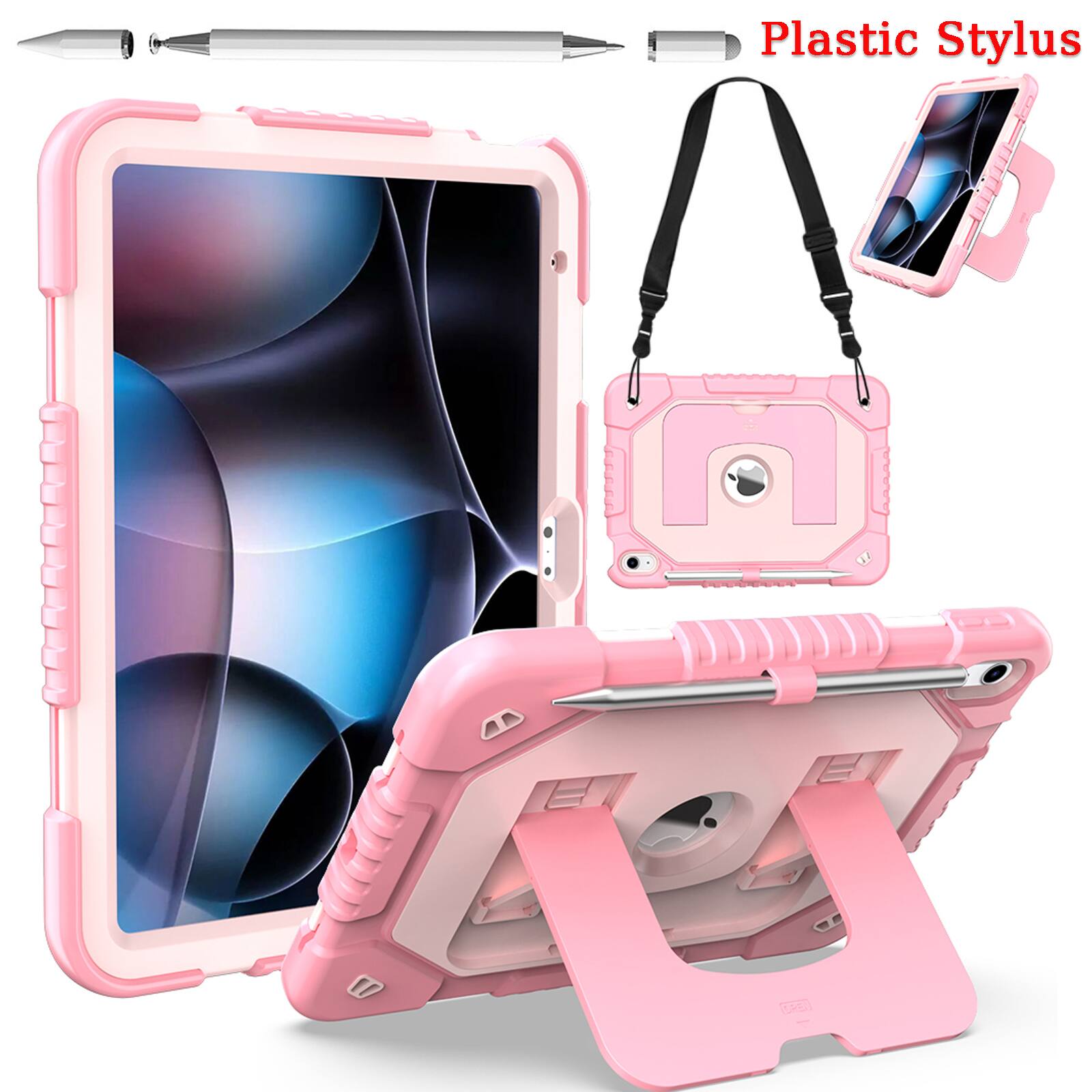 Dteck - Case for Apple iPad (A16) 11" 2025 & iPad 10.9 inch (10th Gen),Shockproof Stand Cover with Shoulder Strap+Plastic Stylus - Rosegold