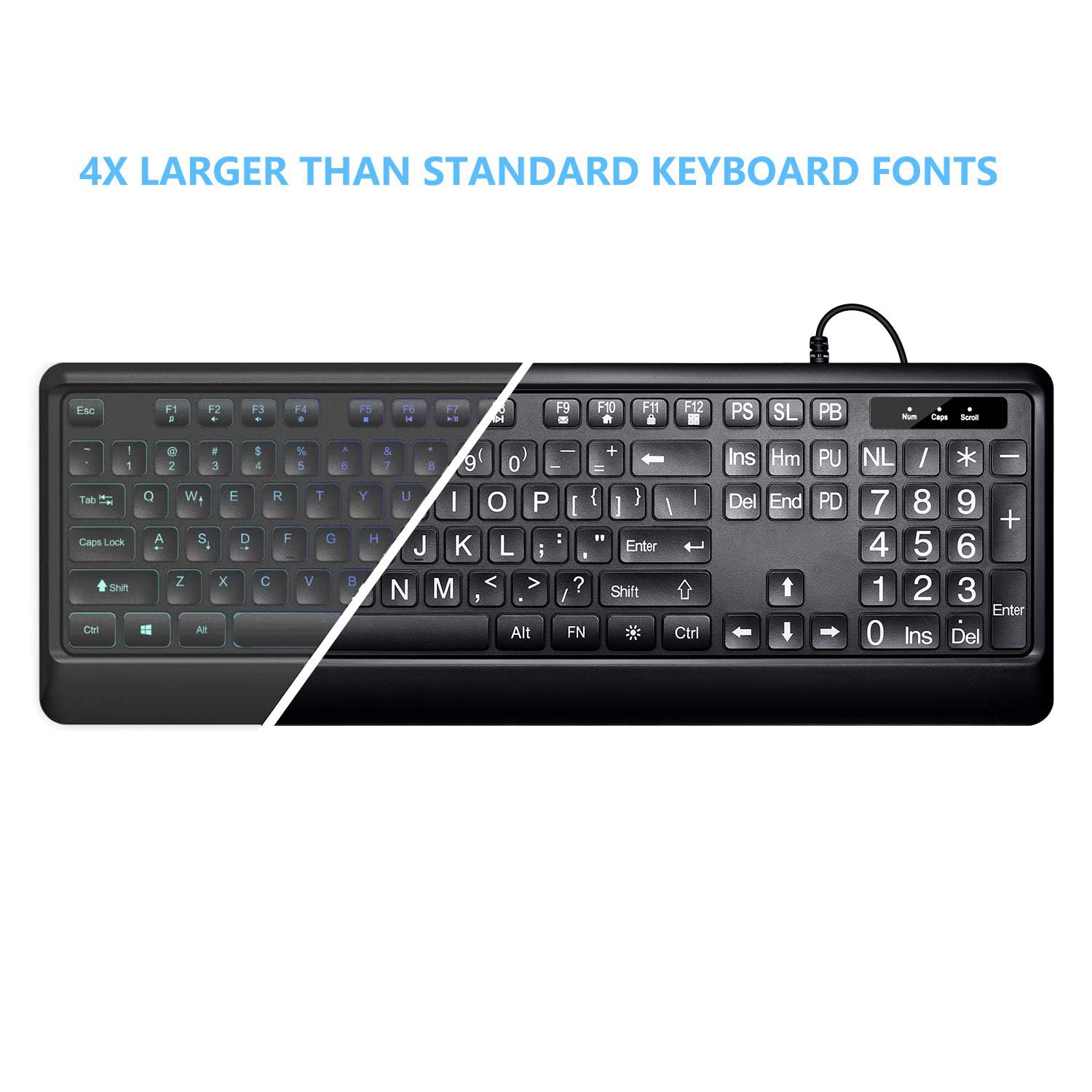 4X LARGER THAN STANDARD KEYBOARD FONTS

Esc F1 F2 F3 F4 F5 F6 F7 F8 F9 F10 F11 F12 PS SL PB

Tab 1 2 3 4 5 6 7 8 9 0 - = Q W E R T Y U I O P

Caps Lock A S D F G H J K L ; '

Shift Z X C V B N M , . / Enter

Ctrl Fn Alt

Ins Hm PU NL / * - 7 8 9 4 5 6 1 2 3 0 Ins Del

Shift = All Alt FN Ctrl Ins Hm Del End t 4 PU PD t NL / 7 8 4 5 1 2 0 Ins * - 9 + 6 3 Enter Del