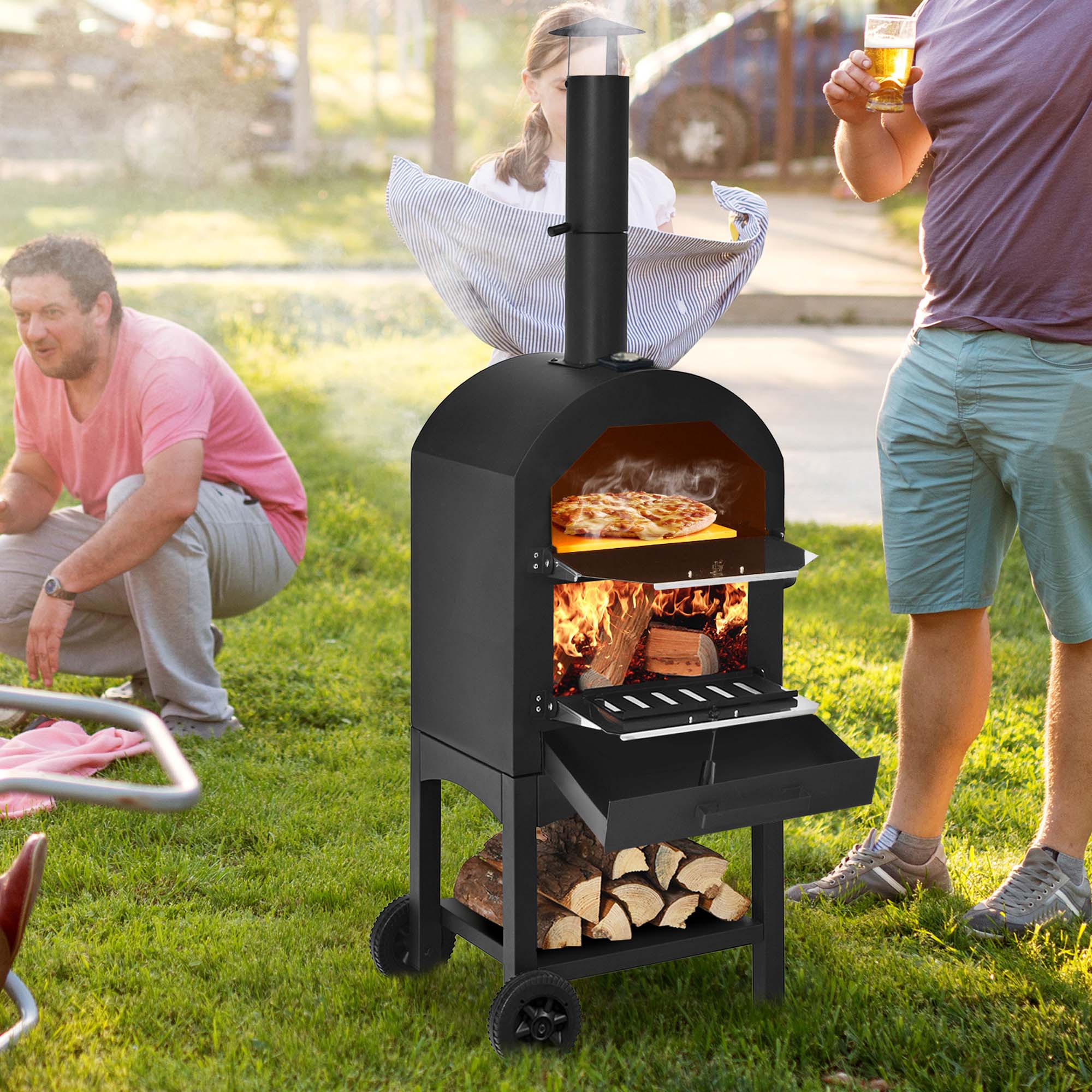 Alt View 1. Costway - Outdoor Pizza Oven Wood Fire Pizza Maker Grill w/ Pizza Stone & Waterproof Cover - Black.