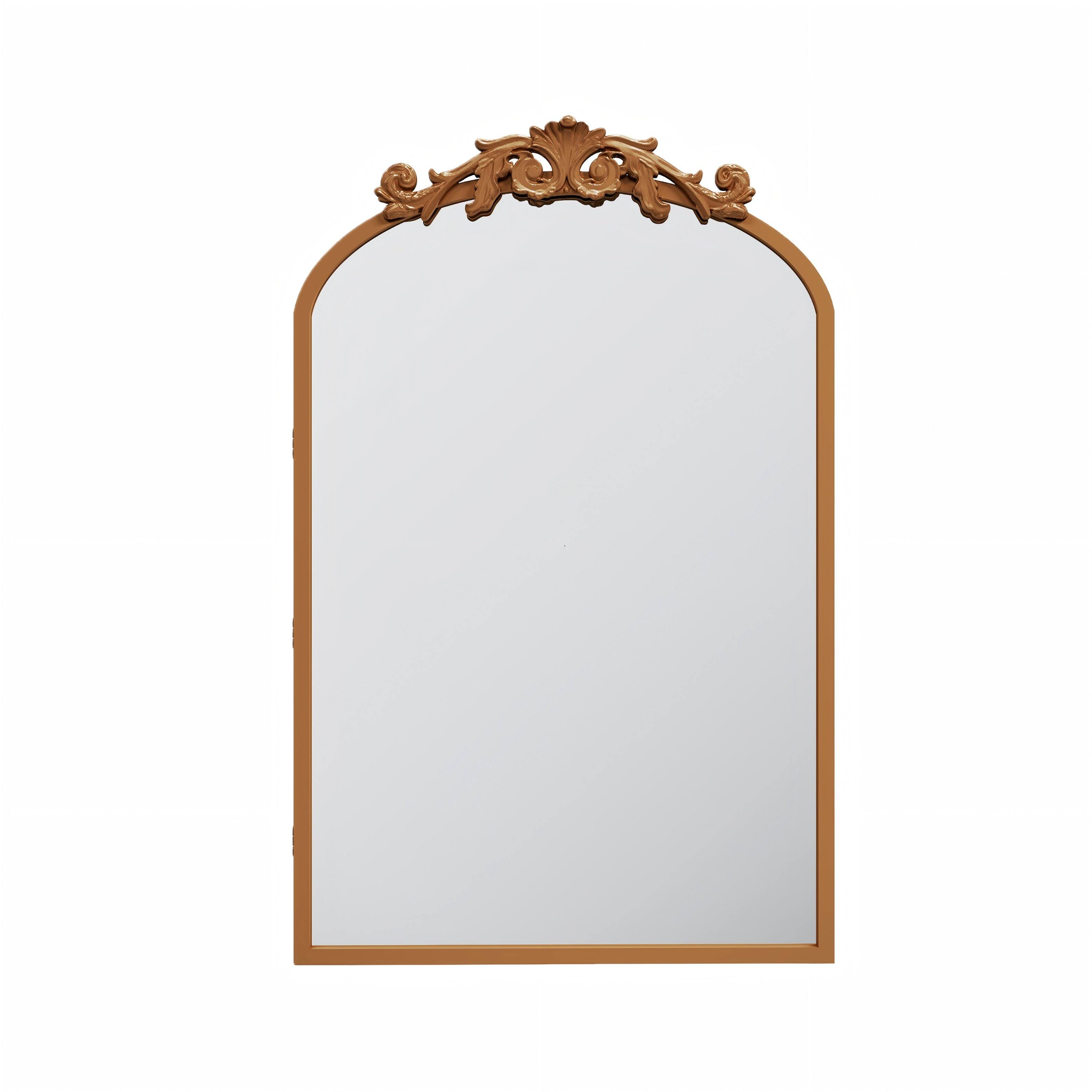 Angle. PexFix - 19.7" x 30.3" Arch Bathroom Mirror Medicine Cabinet with Carved Ornamentation - Metal Frame, Recessed or Surface Mount - Gold.