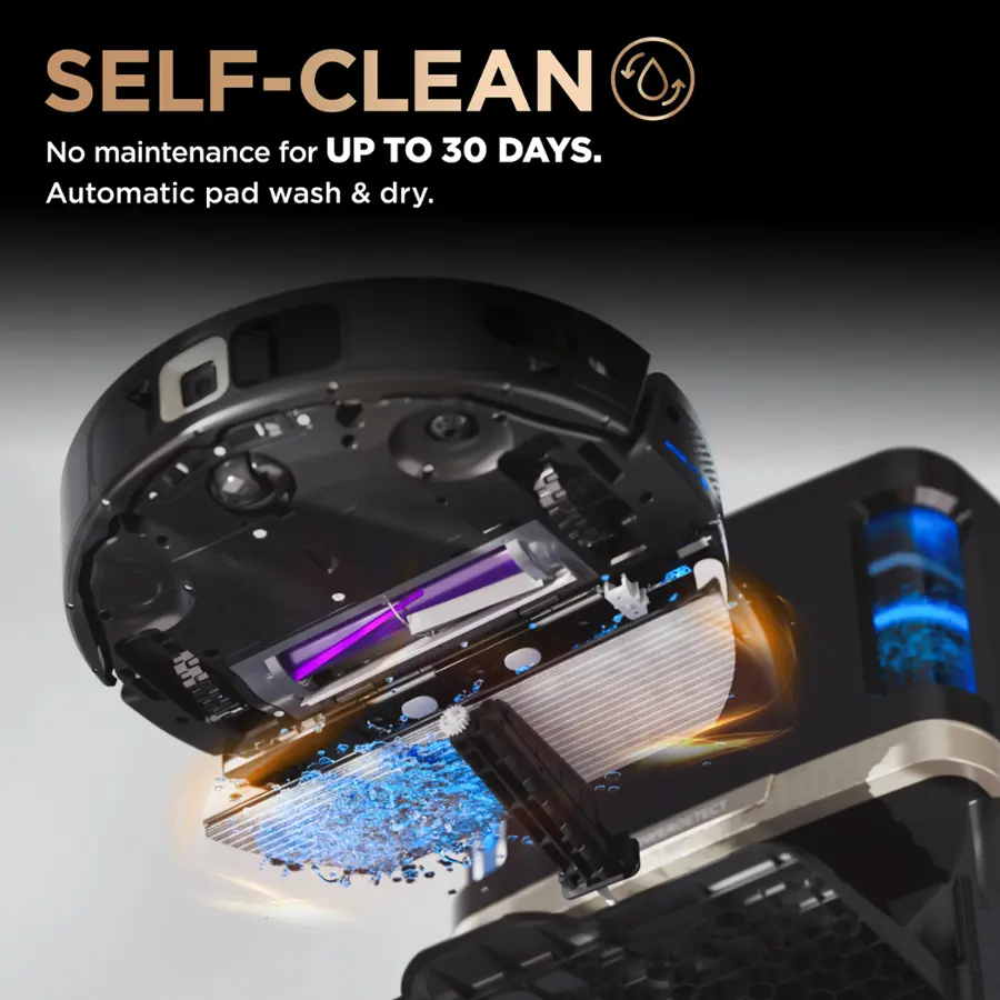 The text on the image is grouped and corrected as follows:

"Self-Clean: No maintenance for up to 30 days. Automatic pad wash & dry."