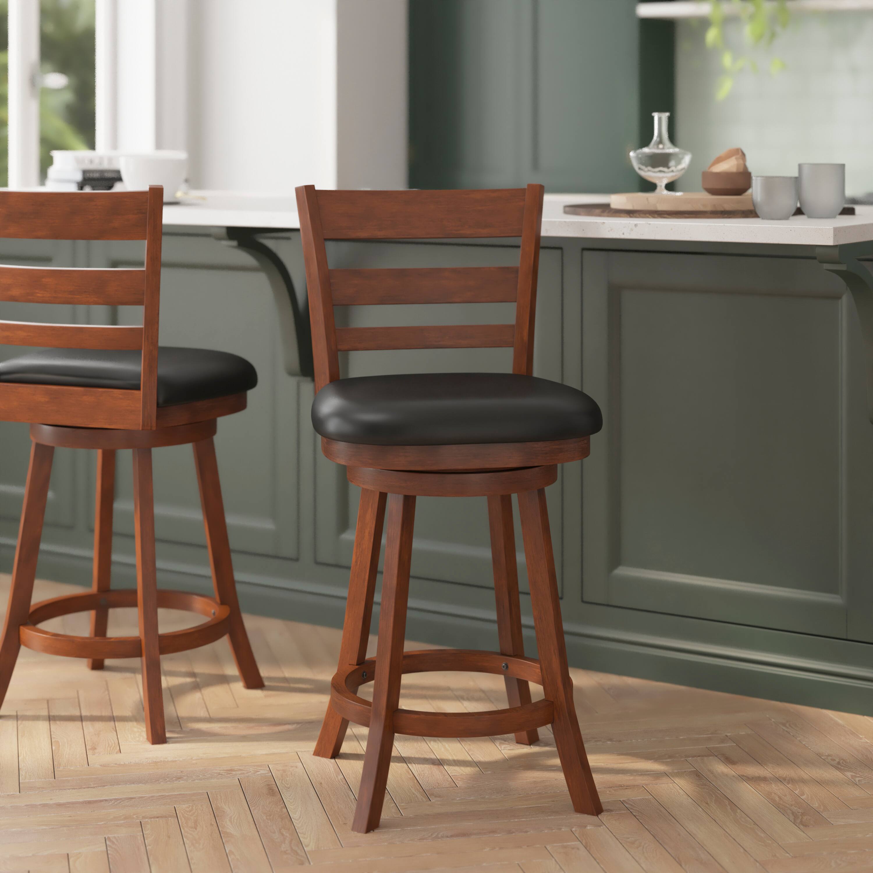 Alt View 1. Flash Furniture - Zerrick Commercial Grade Wood Classic Ladderback Swivel Counter Height Barstool with Padded Black LeatherSoft Seat, Anti - Brown.
