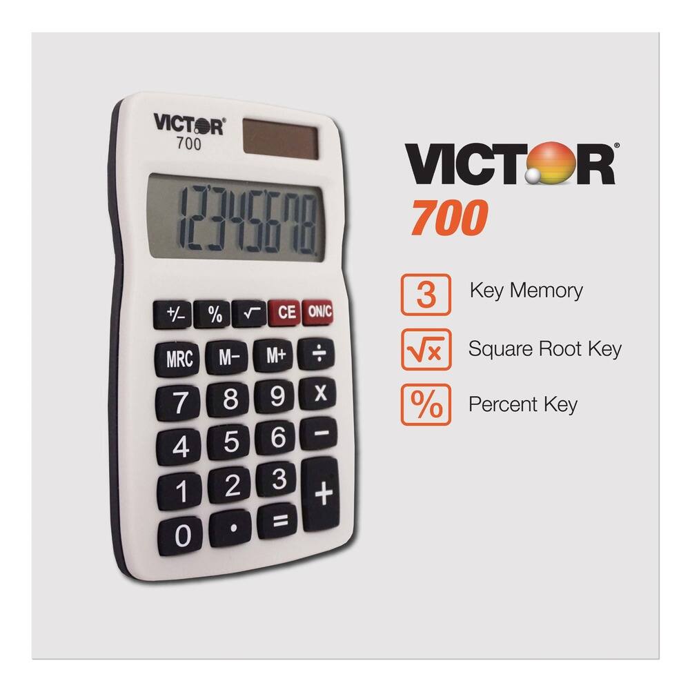 VICTOR 700

Key Memory
Square Root Key
Percent Key

3 Key Memory
√x Square Root Key
% Percent Key

+/- % √ CE ON/C M+ x MRC M- 8 9 X 7 % 4 5 6 2 3 1 + = . 0