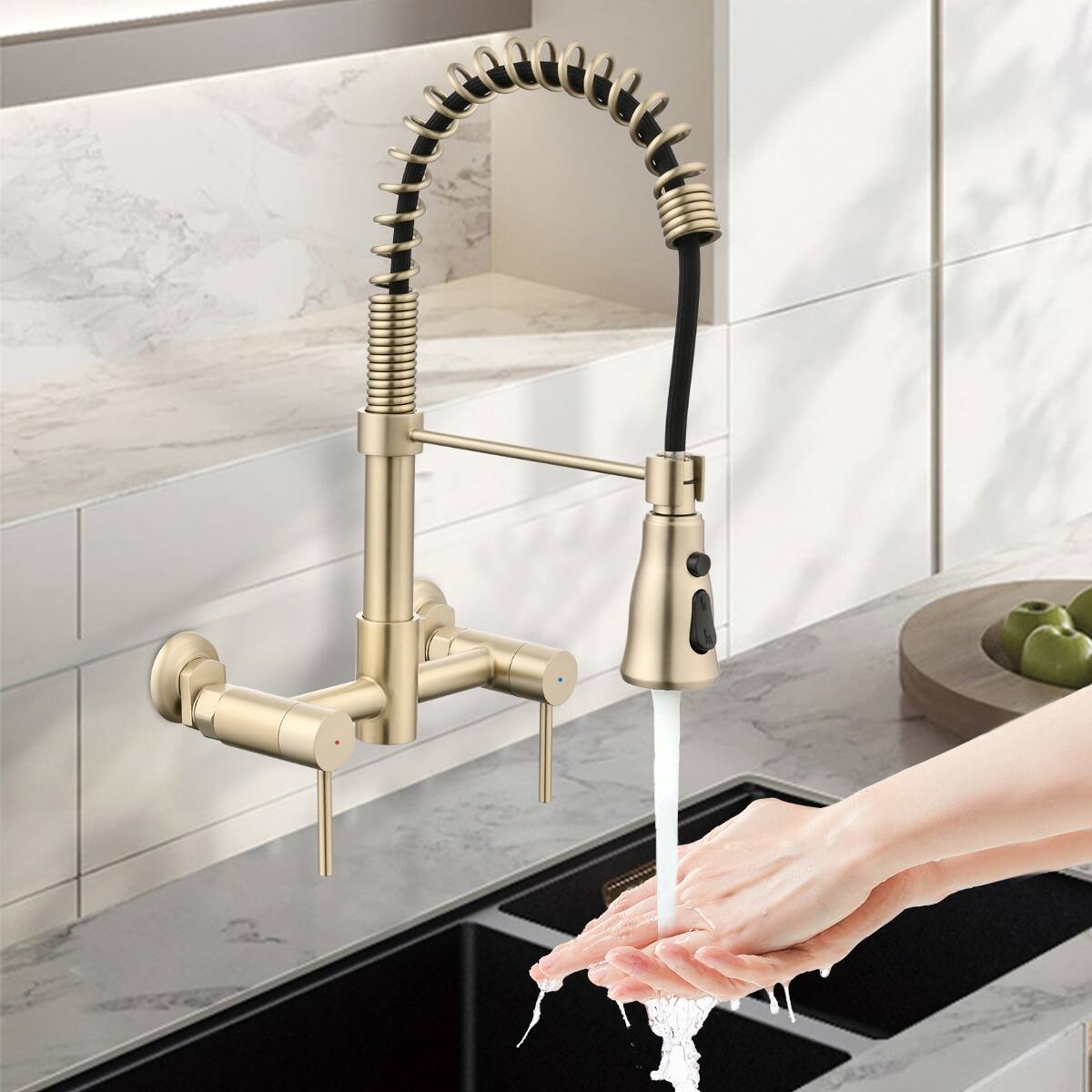 Angle. Ropilly - Ropilly Wall Mounted Bridge Kitchen Faucet, Pull Down Stainless Steel Faucet with Dual Handles, Brushed Gold - Brushed Gold.