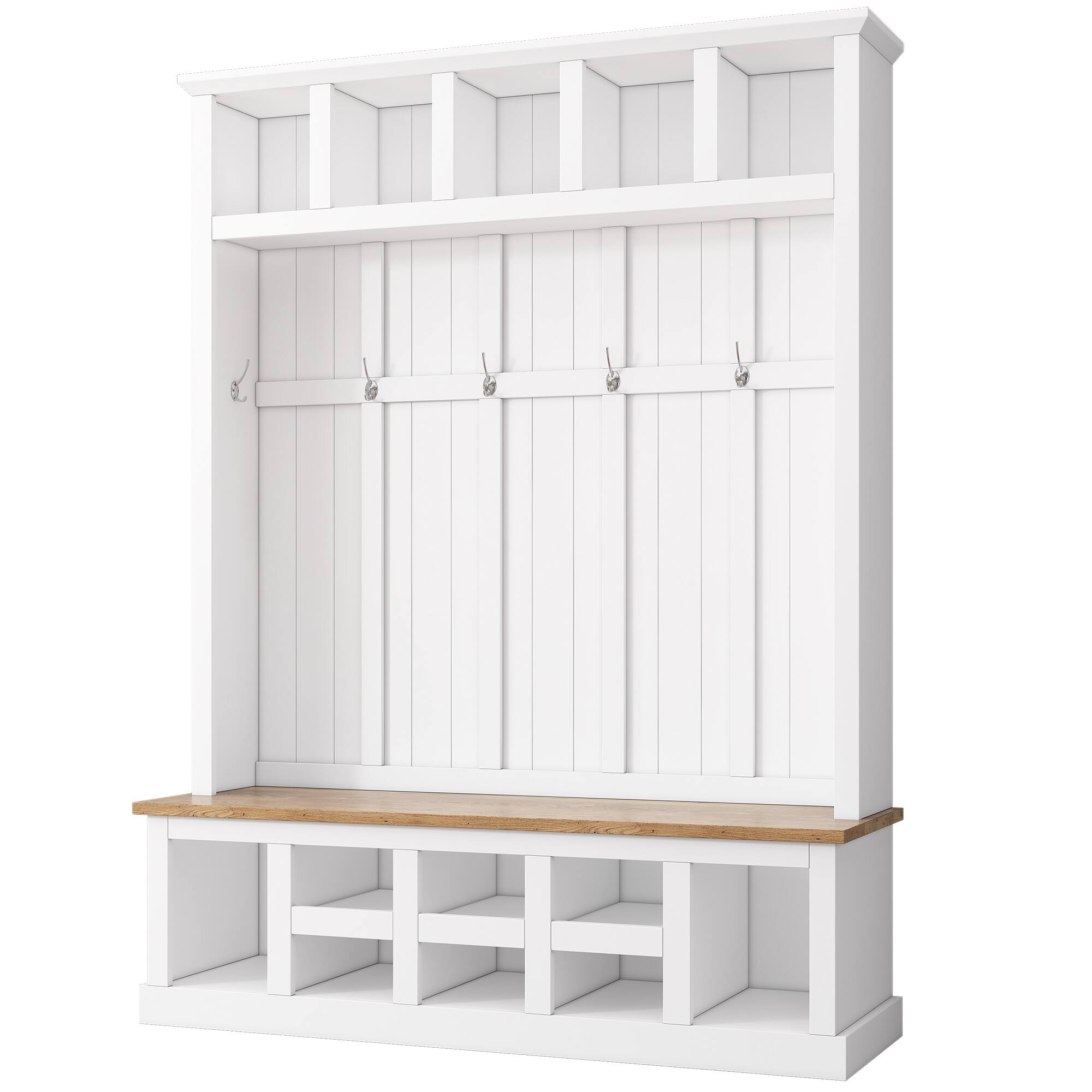 Angle. Whisen - Hall Tree with Storage Bench and Shoe Cabinet,Entryway Organizer with 6 Hooks - White.