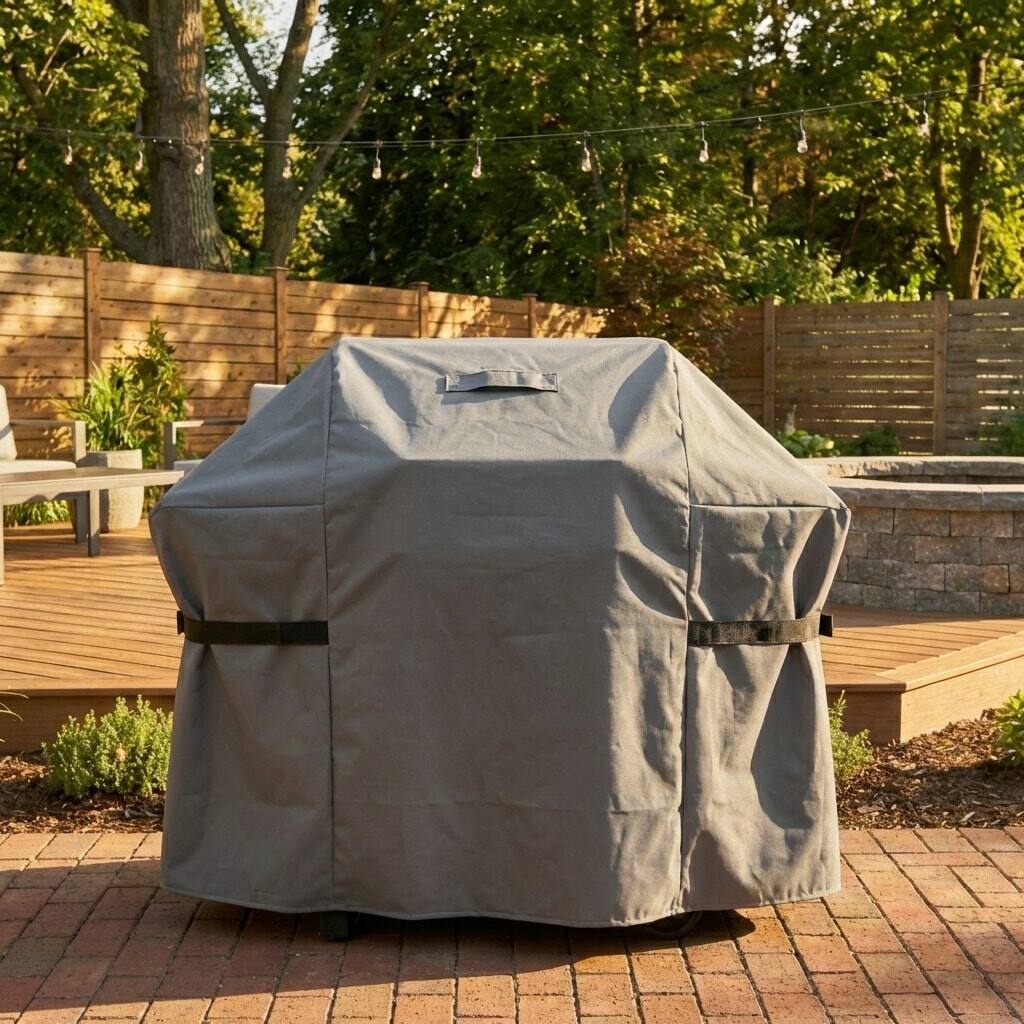 Angle. KHOMO GEAR - 58-Inch BBQ Grill Cover - Heavy-Duty Waterproof Outdoor Cover for Gas Grills - UV-Resistant, Fade-Proof, Rip-Proof.