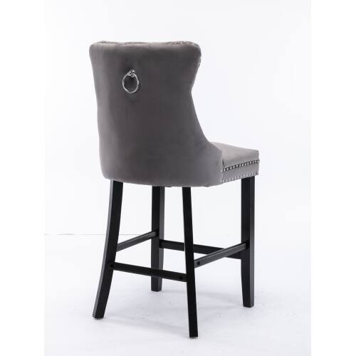 Alt View 1. LUCKY ONE - Assembled Velvet Bar Stool Set of 2 with Button Tufted Wood Legs Chrome Nailhead Trim - Gray.