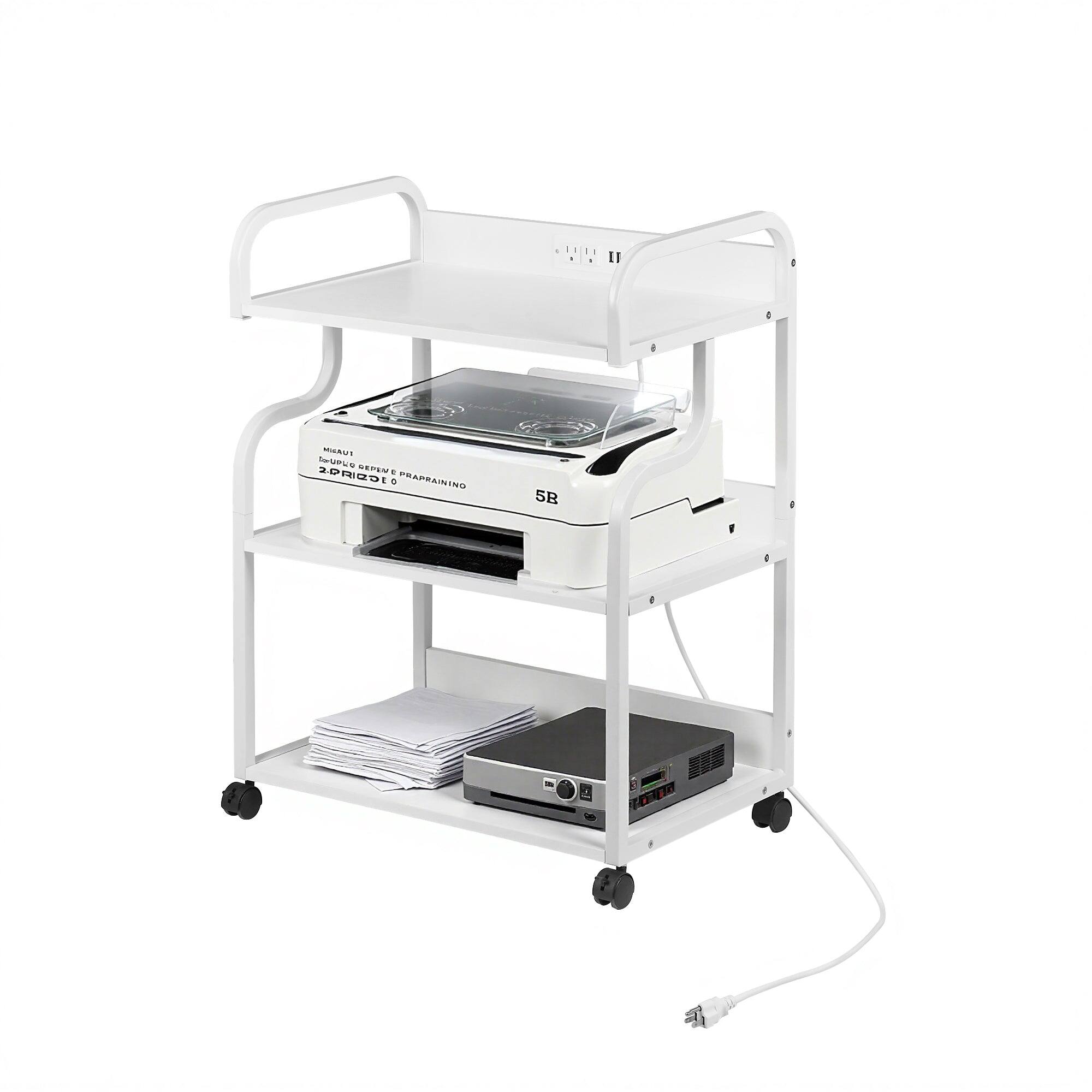 Vecelo - 3 Tier Printer Stand with Power Outlet, Rolling Metal Printer Cart with Storage Shelves - White