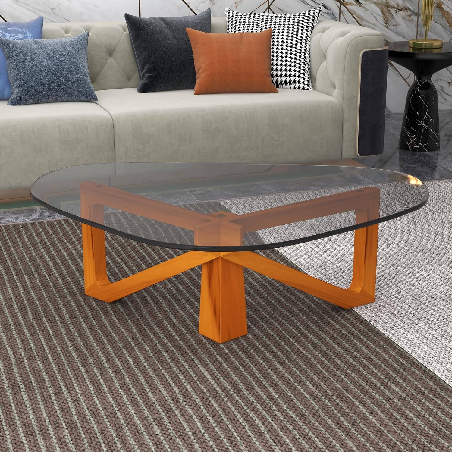 Angle. LeisureMod - Imperial Modern Triangular Tempered Glass Coffee Table with Cross-Brace Wooden Base for Home & Living Room - Light Walnut.