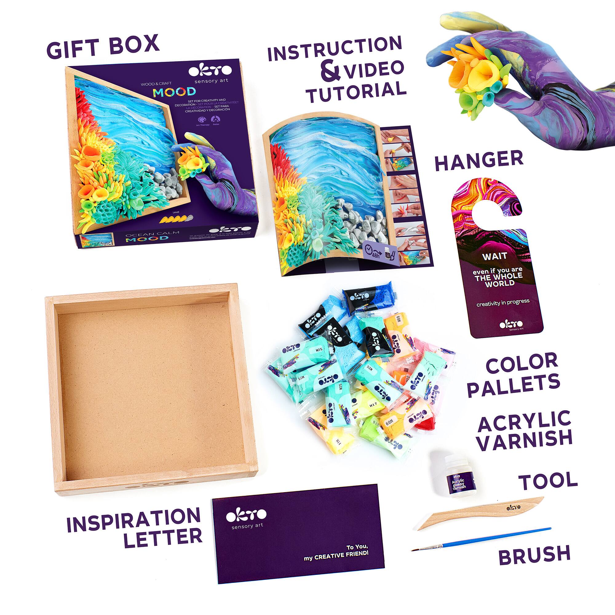 GIFT BOX  
WOOD & CRAFT  
MOOD  
SENSORY ART  
DESIGN FOR CREATIVITY AND ORGANIZATION  

INSTRUCTION & VIDEO TUTORIAL  

HANGER  
WAIT even if you are THE WHOLE WORLD TO creativity in progress  

COLOR PALLETS  
ACRYLIC VARNISH  

TOOL  

BRUSH  

INSPIRATION LETTER  
To You, my CREATIVE FRIEND!