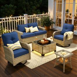 Ovios - 6 PCS Patio Furniture Set, Sectional Loveseat with Swivel Chairs, Coffee Table & Side Table - Navy Blue
