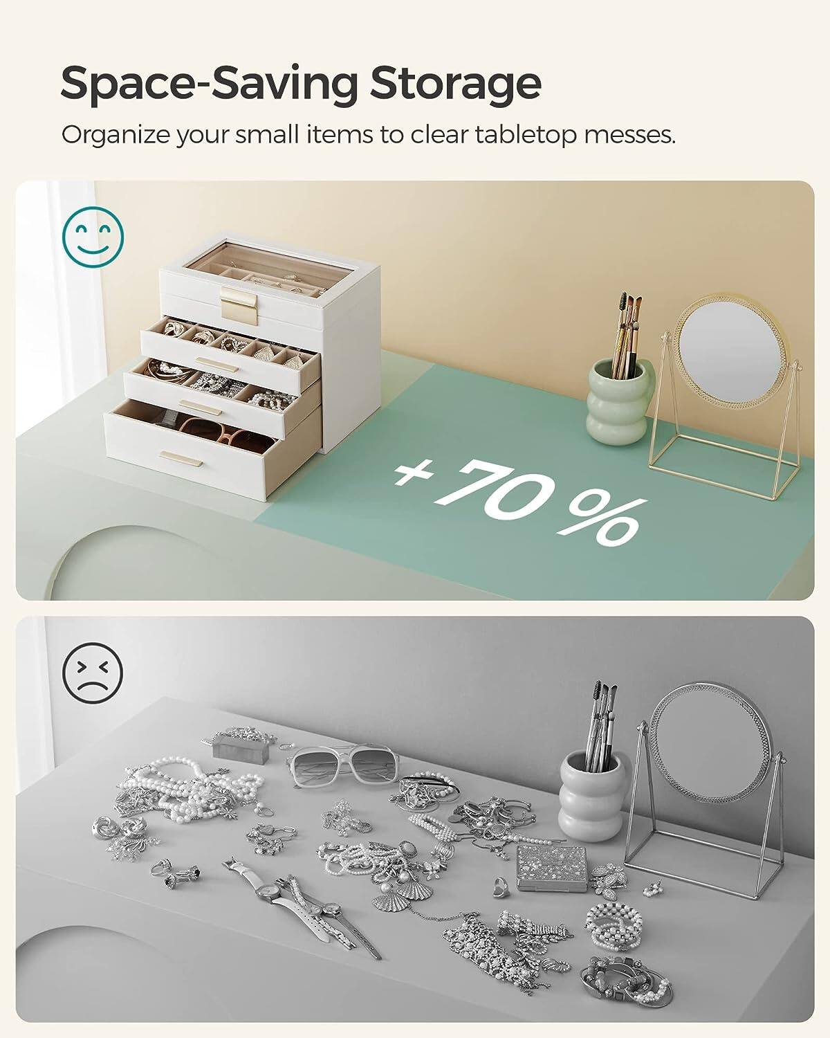 Space-Saving Storage  
Organize your small items to clear tabletop messes.  

+ 70 %