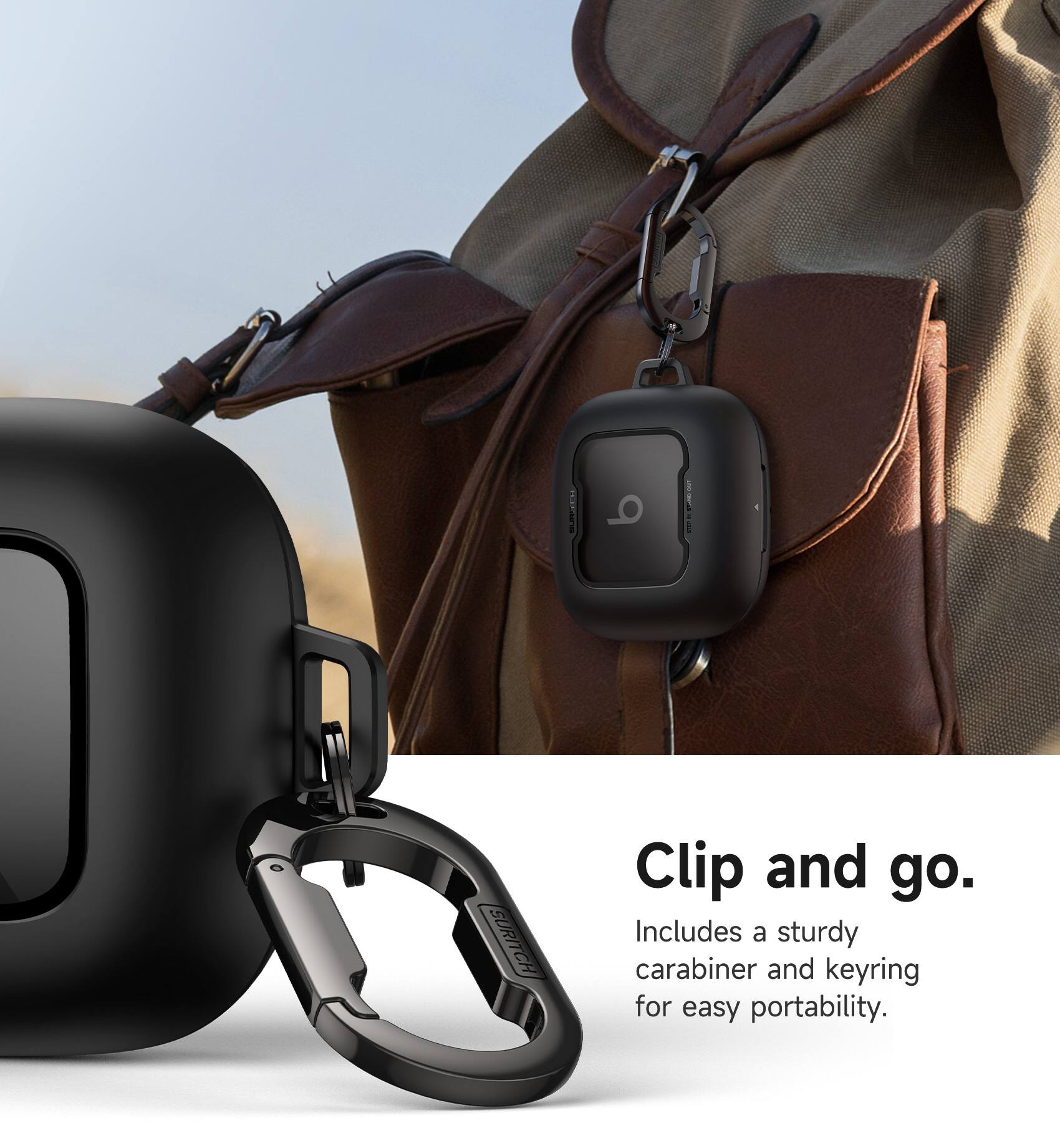 Clip and go. Includes a sturdy carabiner and keyring for easy portability.