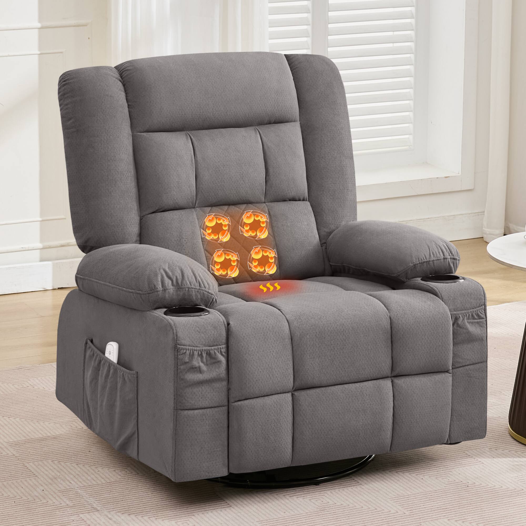 Left. TinyHomie - Recliner Chair with 4-Point 3D Kneading Massage and Heat with Rocking Function and 2 Cup Holders USB Charge Port - Grey.