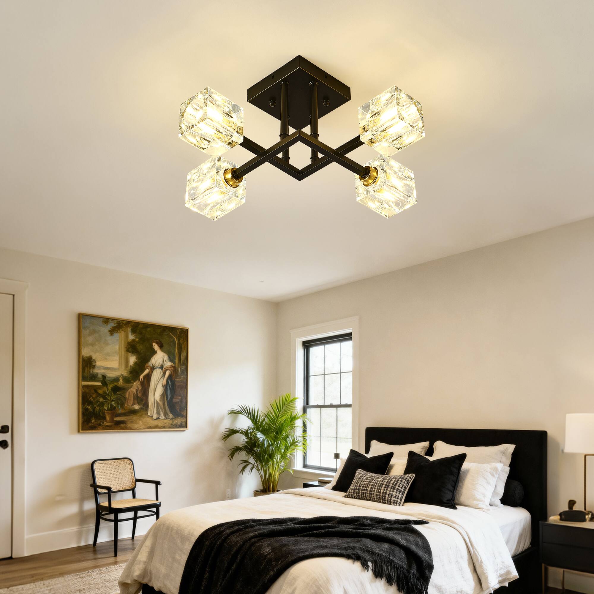 Alt View 7. Boyel Living - Matte Black Modern Crystal Ceiling Light 4 Lights Bulb Included for Dining Room Living Bedroom.