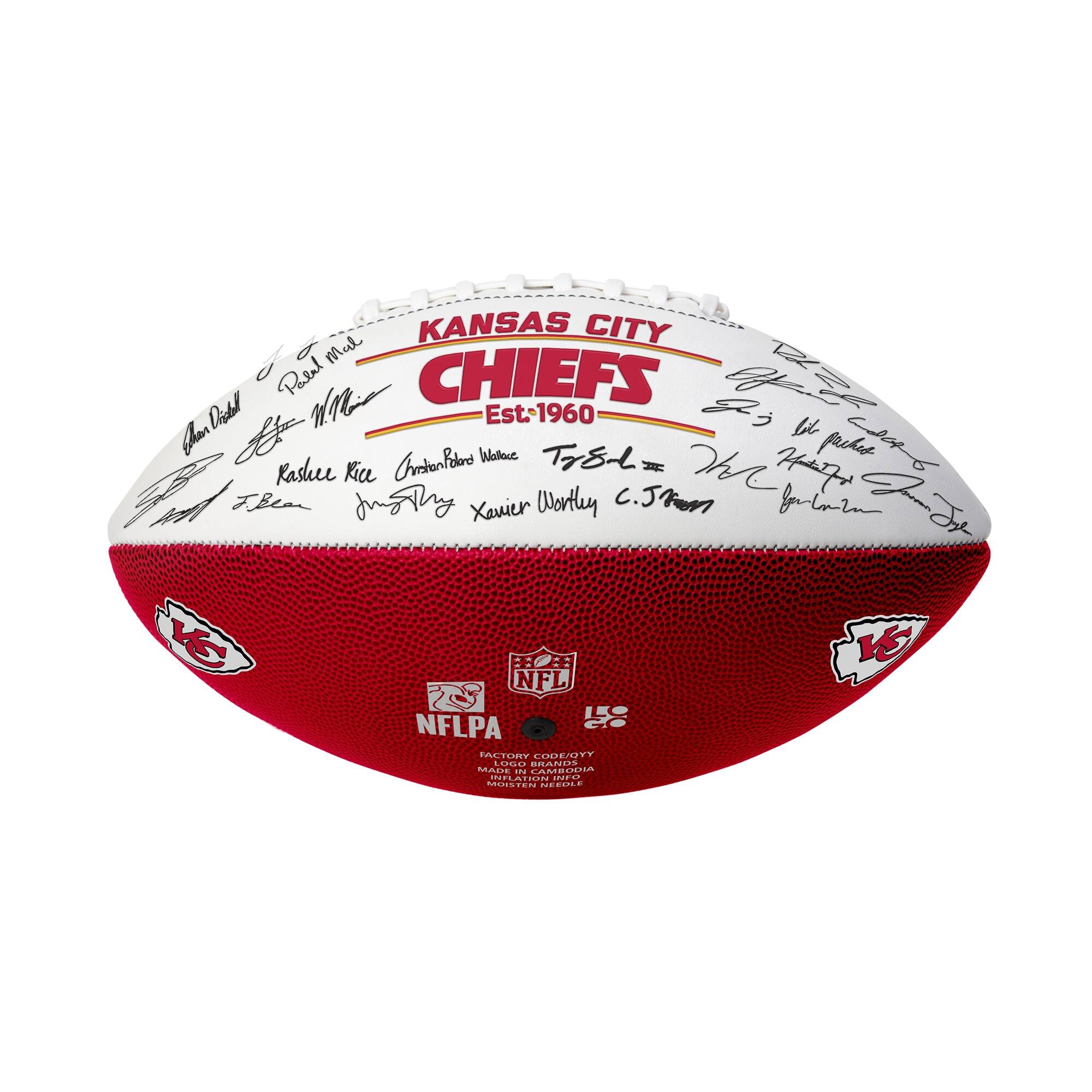 KANSAS CITY  
CHIEFS  
Est. 1960  

Rashard Rice  
Christian Ballard Wallace  
Terry  
Xavier Worthy  
C.J. Spence  

NFL  
NFLPA  

FACTORY CODE/LOT:  
MADE IN CAMBODIA  
MADE IN CHINA  
MADE IN VIETNAM  
MADE IN THAILAND