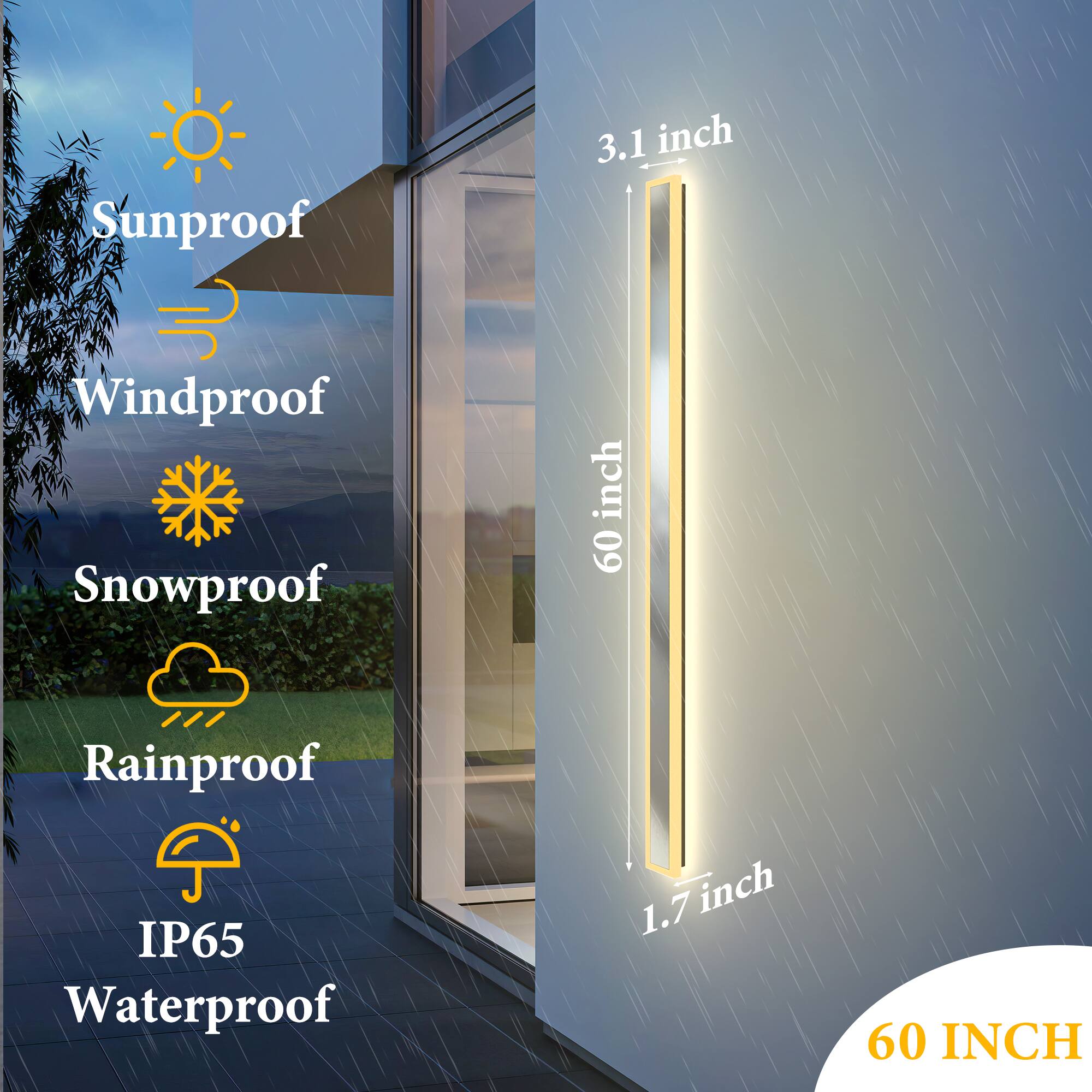 Sunproof 3.1 inch, Windproof, Snowproof, Rainproof, IP65 Waterproof 1.7 inch, 60 INCH