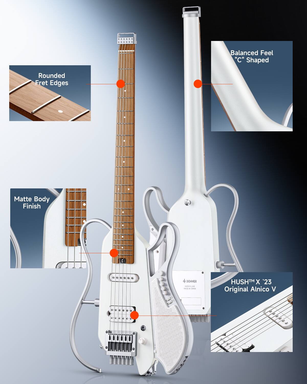 Balanced Feel "C" Shaped  
Rounded Fret Edges  
Matte Body Finish  
DONNER HUSPEN 2/1  
HUSHX '23 Original Alnico V