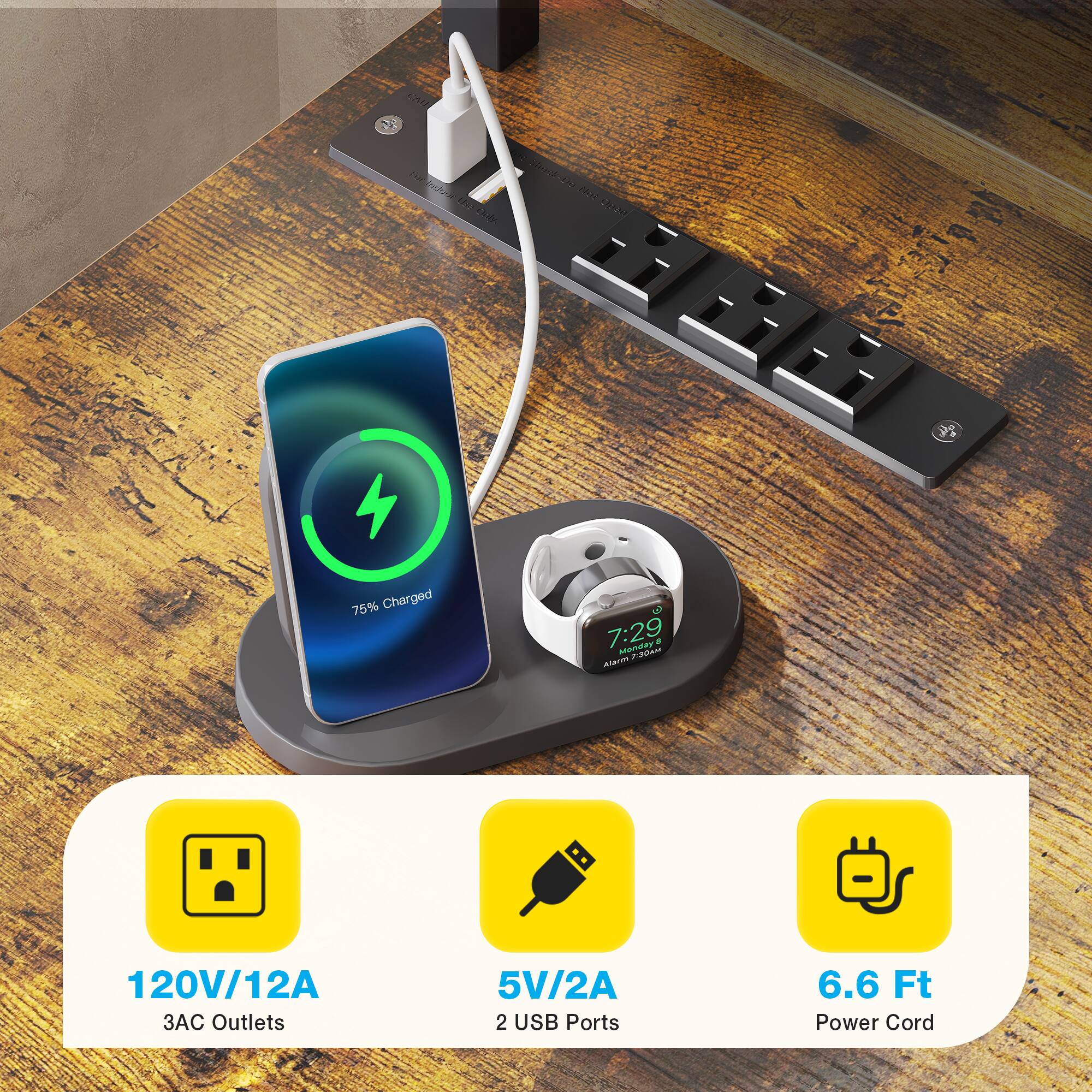 - 75% Charged
- 7:29
- FRAN
- 120V/12A
- 3AC Outlets
- 5V/2A
- 2 USB Ports
- 6.6 Ft Power Cord