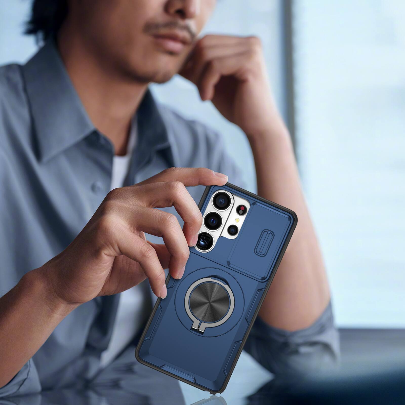 Back. Dteck - Rugged Magnetic Case for Samsung Galaxy S26 Ultra, Shockproof 360° Rotating Ring Stand Cover, Window Sliding Protection - Blue.