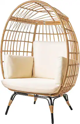Front. Maple99 - Wicker Egg Chair PE Rattan Patio Chair with Steel Frame & Ivory Cushion Perfect for Balcony, Garden & Indoor Lounging - Beige.