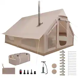Costway - Inflatable Tent for Camping with Stove Jack, Hand Pump for Family Glamping - Beige