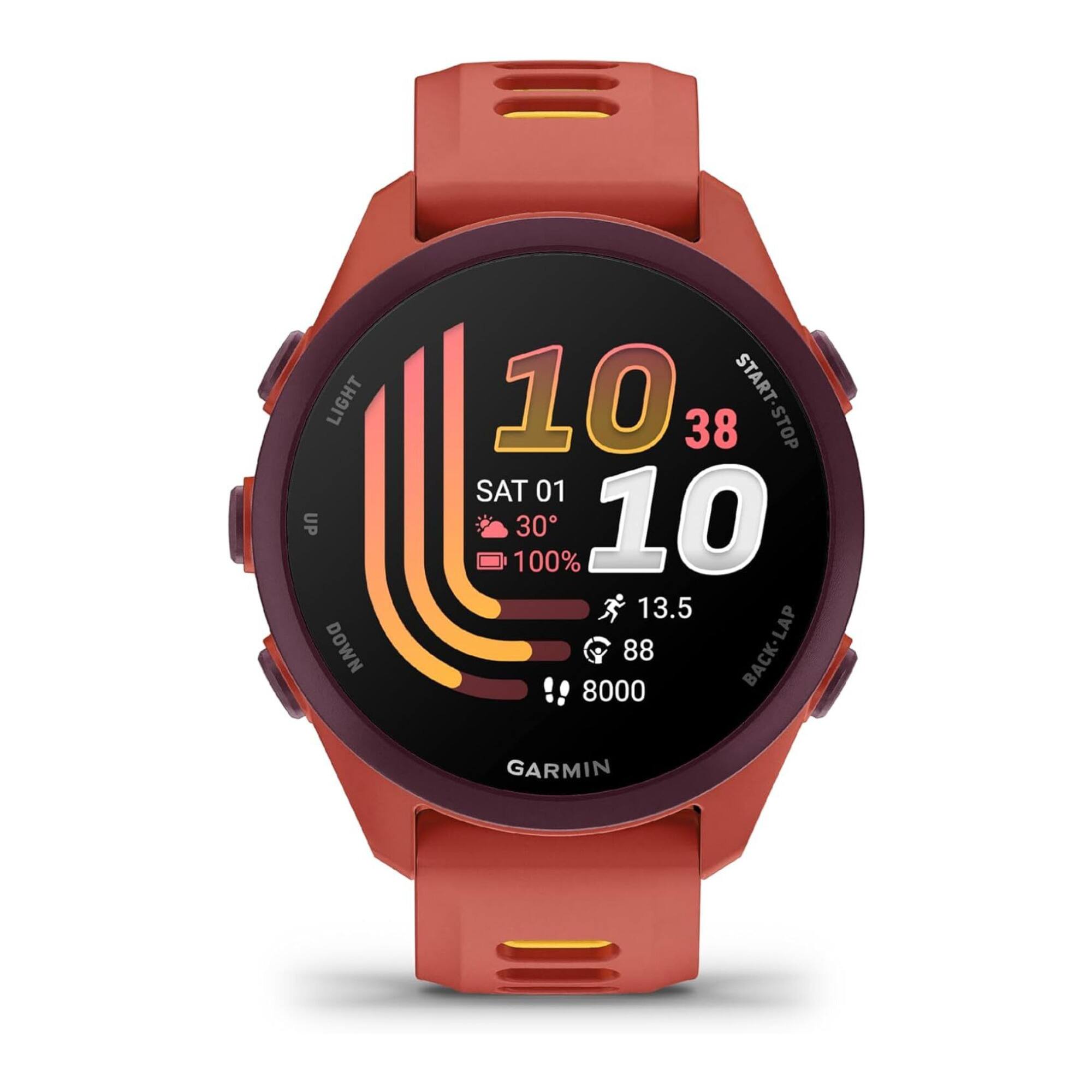 LIGHT UP DOWN  
10 38 START-STOP  
SAT 01 100% 30 10 13.5 88 LAP 8000 BACK-LAP  
GARMIN