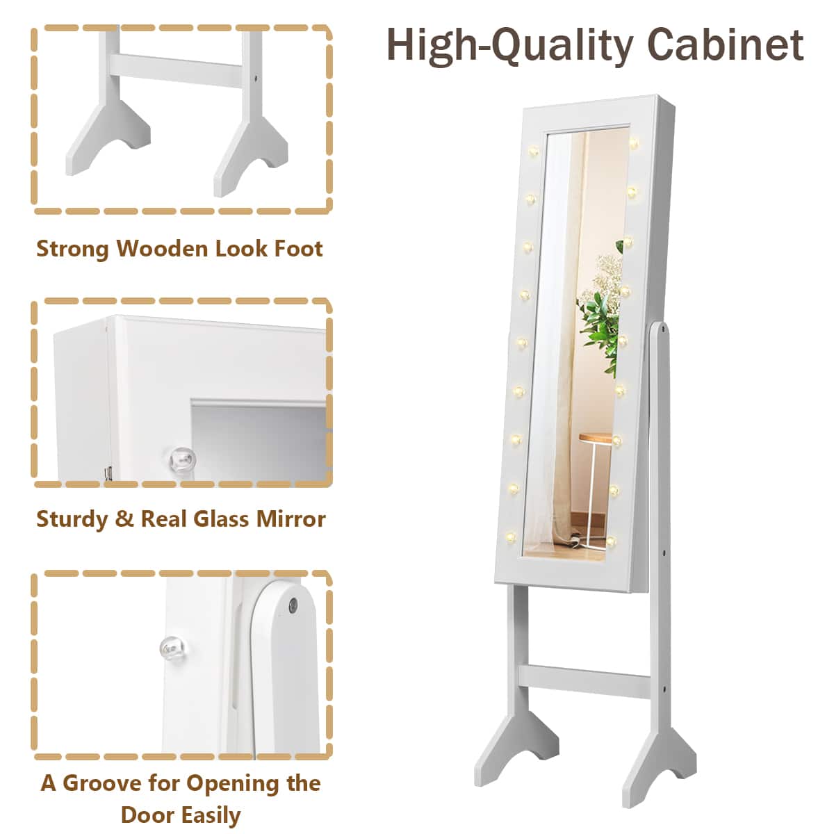 High-Quality Cabinet: Strong Wooden Look, Foot, Sturdy & Real Glass Mirror, A Groove for Opening the Door Easily.