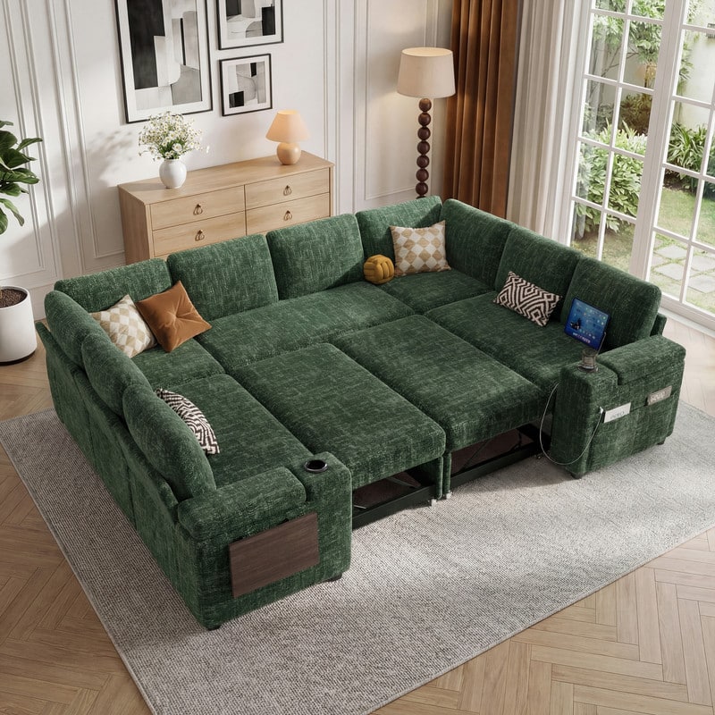 Dyonery - 112” Modular Sectional Sofa with Storage, U Shaped Couch for Living Room, 8-Seat Chenille Deep Seat Sofa. - Green