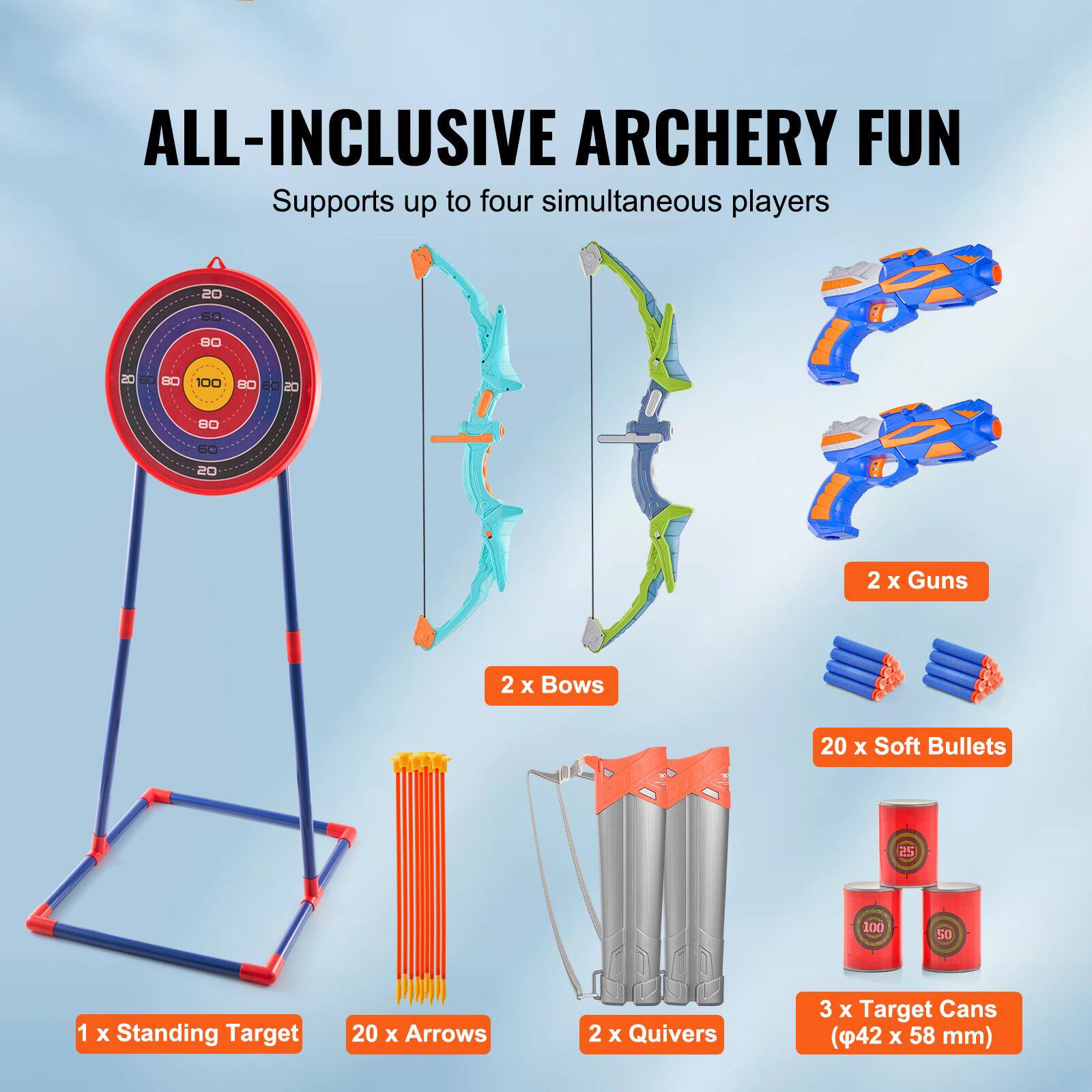 ALL-INCLUSIVE ARCHERY FUN  
Supports up to four simultaneous players

- 1 x Standing Target
- 2 x Bows
- 2 x Guns
- 20 x Arrows
- 20 x Soft Bullets
- 2 x Quivers
- 3 x Target Cans (42 x 58 mm)