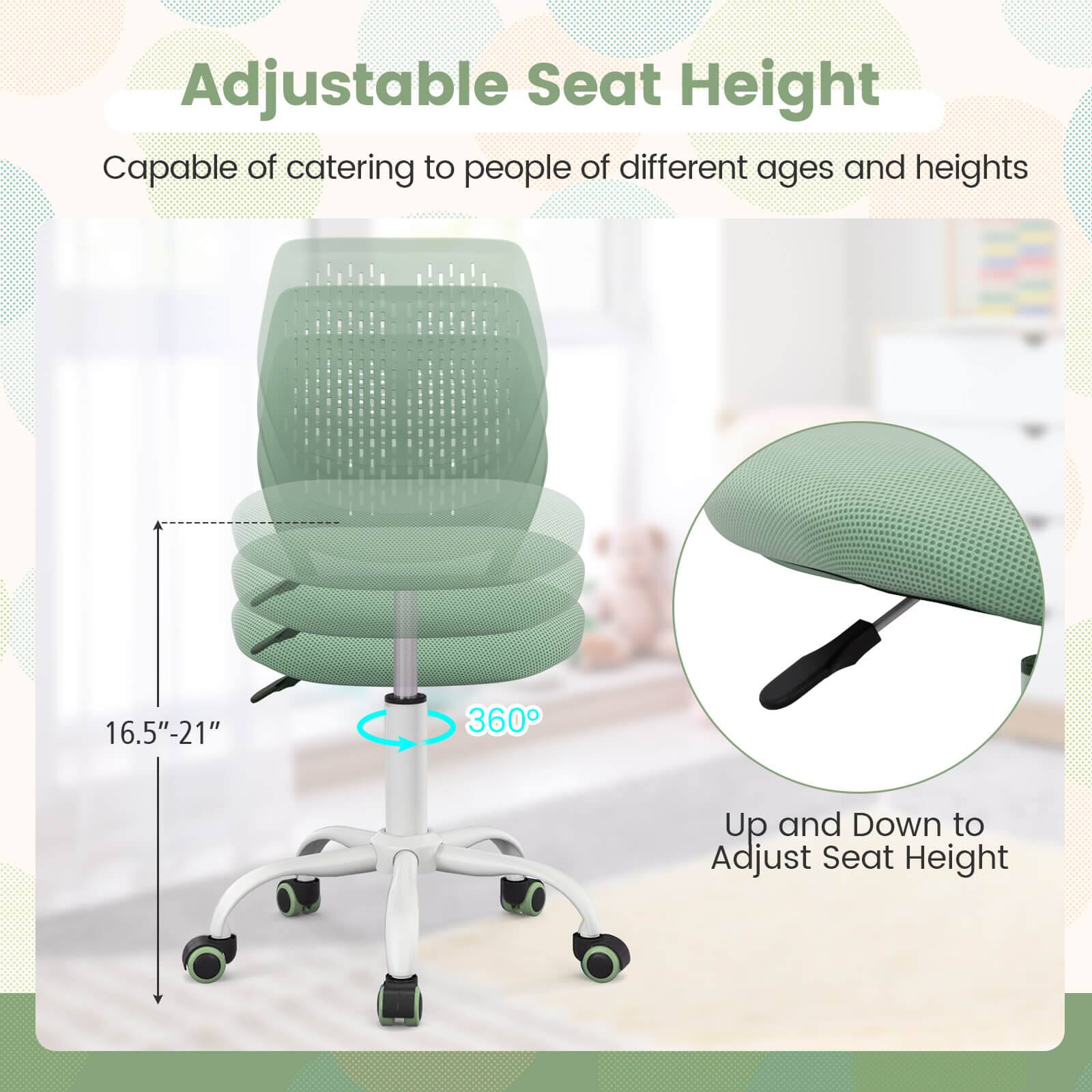 Adjustable Seat Height
Capable of catering to people of different ages and heights
16.5"-21"
360°
Up and Down to Adjust Seat Height