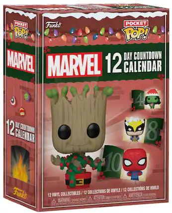 POCKET Funko POCKET POP! POP! DAY COUNTDOWN MARVEL MARVEL 12 CALENDAR 4 12 DAY COURTDOWN CALENDAR 8 10 I 12 COLLECTIONS DE VINILO 12 COLLECTIONS DE VINYLE Funko W VINYL COLLECTIBLES I DE ASFIXIA 12 A ADVERTENCIA: PELIGRO nEsaL ATTENTION: FBEMAO DETOUFFEMENT DE N0O d to D aoe N HAZARD. ras a 35 NE a poquorias WARNING: CHOKING PERS pdos N DAVEE pu t mE X enaoron under 35 mons Not sutabie T Small parts.