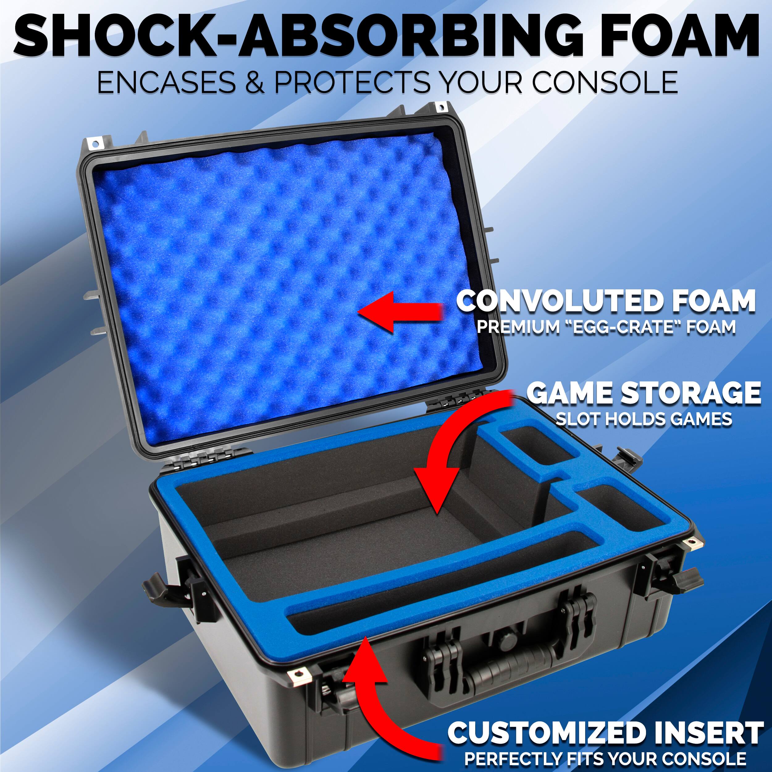 SHOCK-ABSORBING FOAM  
ENCASES & PROTECTS YOUR CONSOLE  

CONVOLUTED FOAM  
PREMIUM "EGG-CRATE" FOAM  

GAME STORAGE SLOT HOLDS GAMES  

CUSTOMIZED INSERT  
PERFECTLY FITS YOUR CONSOLE
