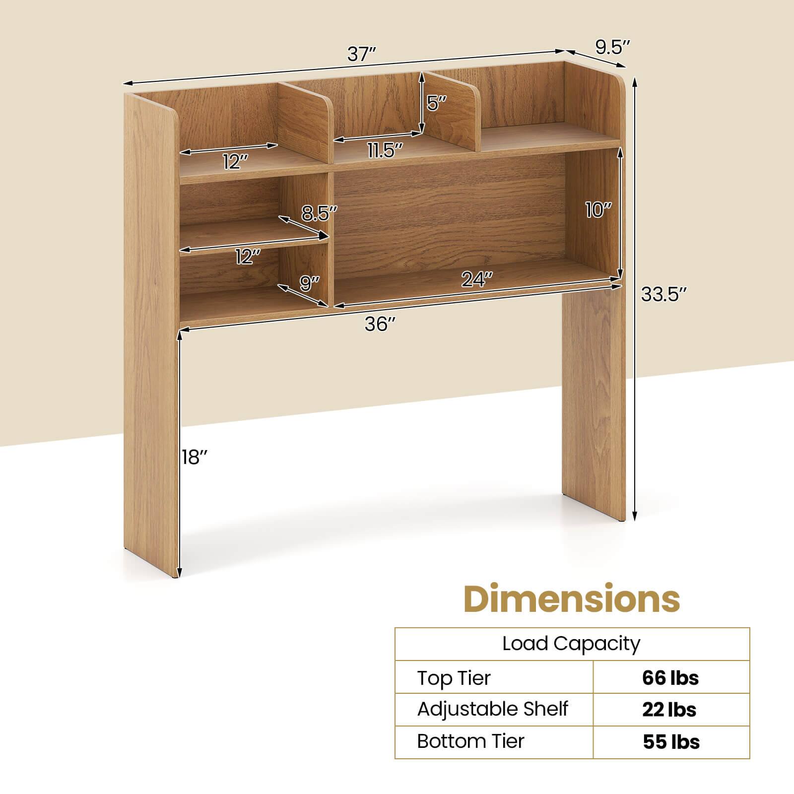 37" 9.5" 5" 12" 11.5" 8.5" 10" 12" 9" 36" 24" 33.5" 18"  
Dimensions  
Load Capacity  
Top Tier: 66 lbs  
Adjustable Shelf: 22 lbs  
Bottom Tier: 55 lbs
