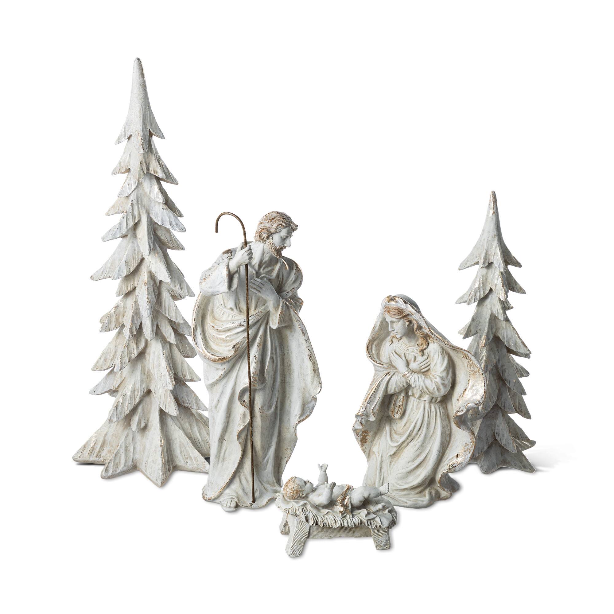 Angle. Glitzhome - S/5 Resin Holy Family with Christmas Trees - White.