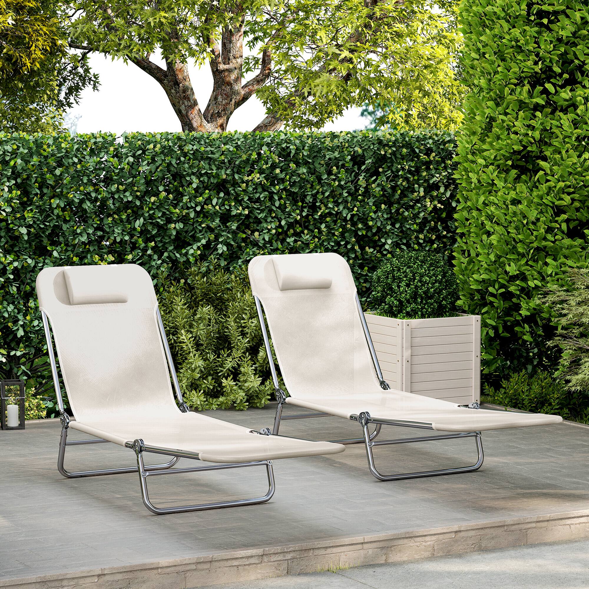 Alt View 8. Outsunny - 2 Piece Folding Chaise Lounge Chairs, Pool Sun Tanning Chairs with Reclining Back, Breathable Mesh Seat - Cream White.