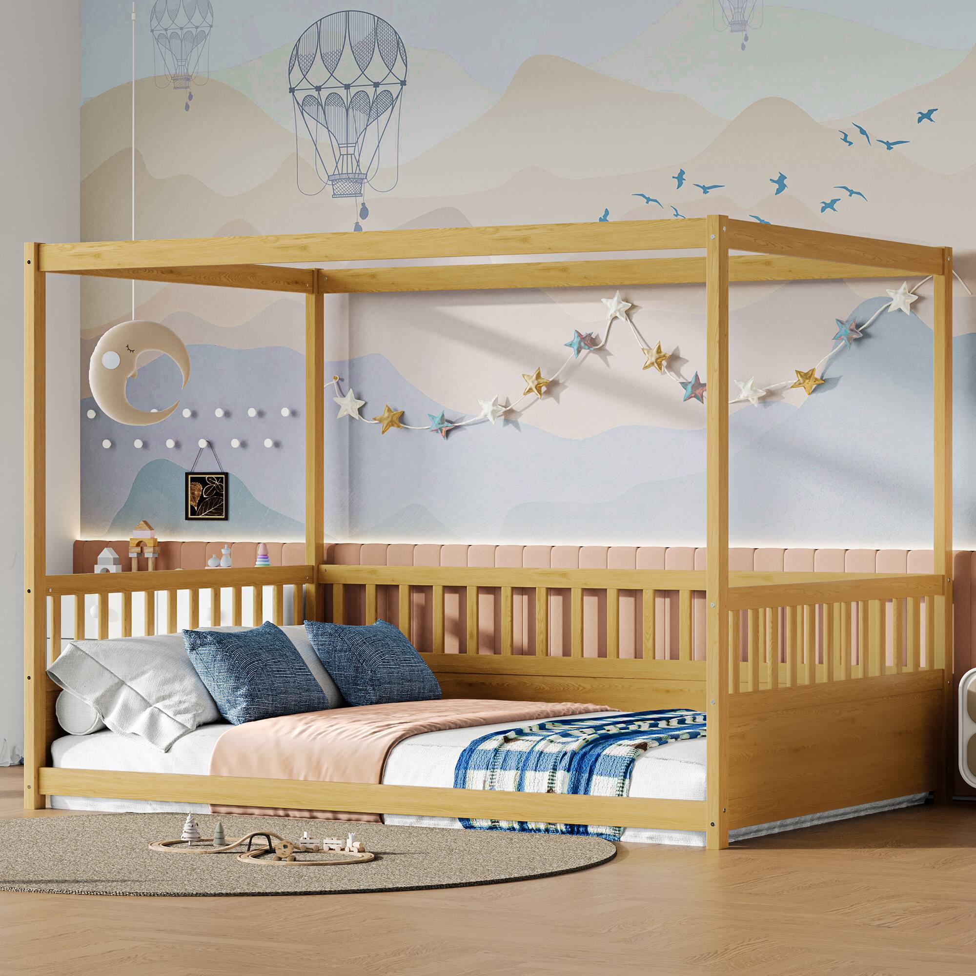 Left. GOODSILO - Full Size Canopy Bed Frame with Guardrails, Kids Montessori Floor Bed, Wood Four Poster Bed for Girls Boys - Natural Wood.