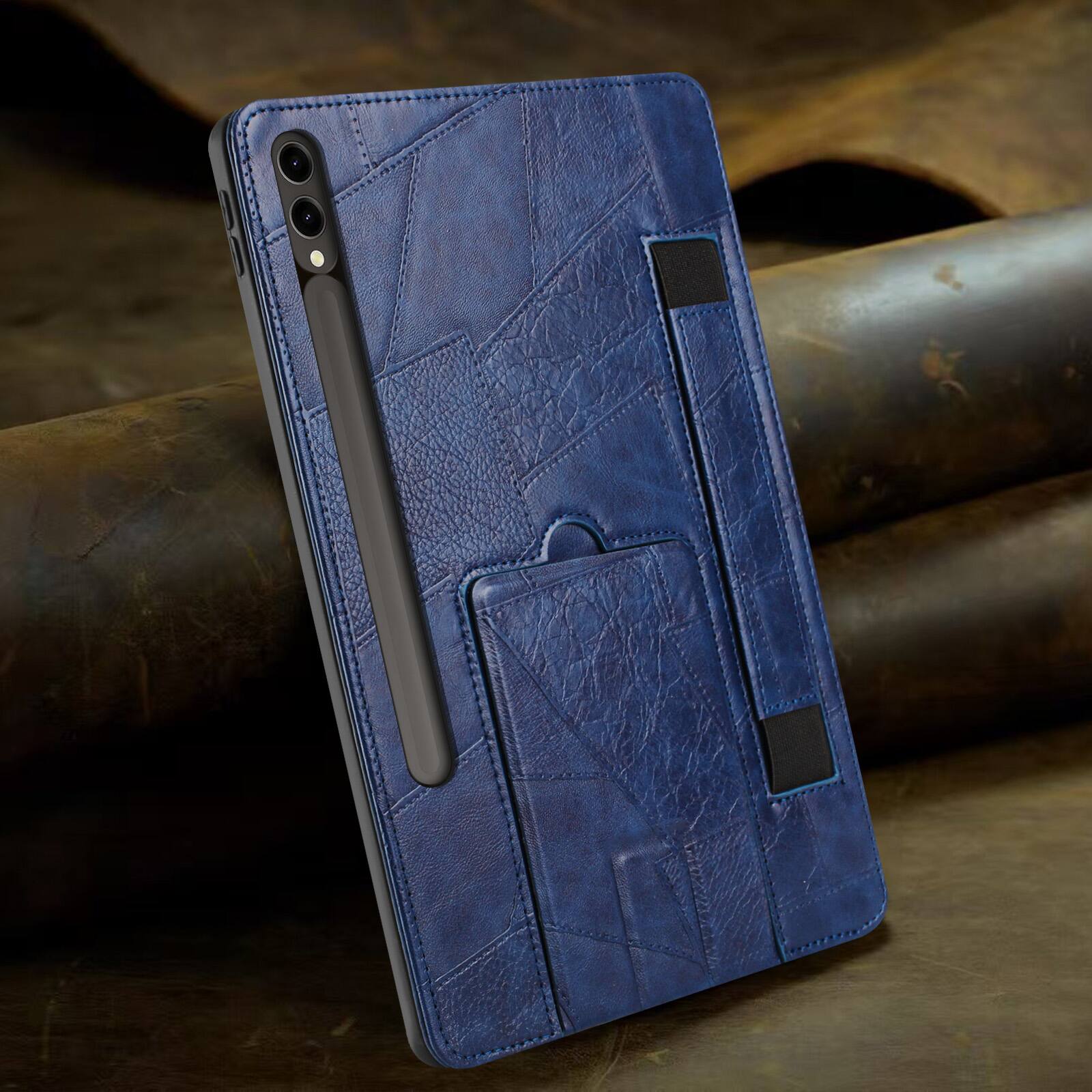Alt View 3. Dteck - Leather Texture Case for Samsung Galaxy Tab S10 FE+, Shockproof Cover with Multi-Angle Stand and Secure Hand Strap - Blue.