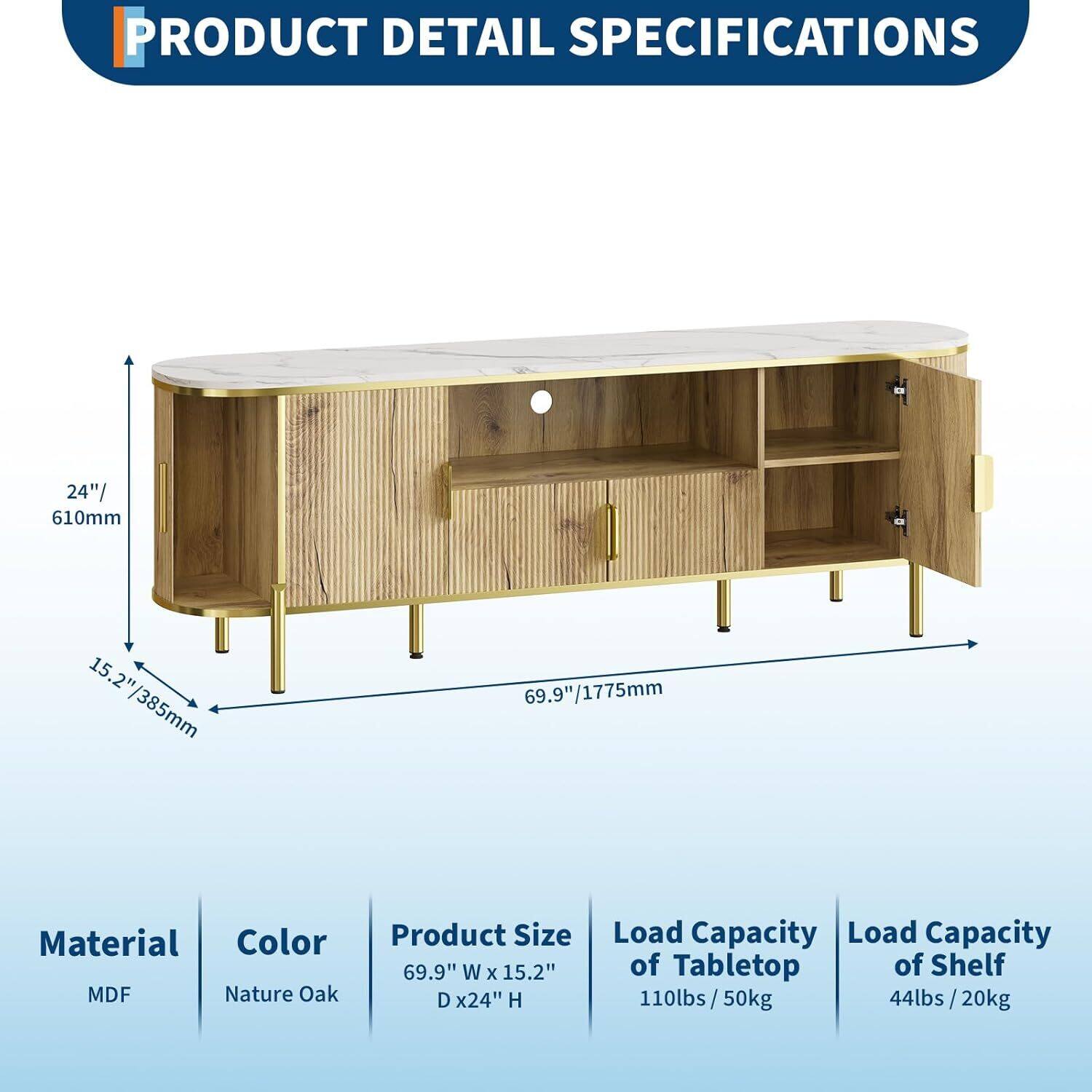 **PRODUCT DETAIL SPECIFICATIONS**

- **Material:** MDF
- **Color:** Nature Oak
- **Product Size:** 69.9" W x 15.2" D x 24" H
- **Load Capacity of Tabletop:** 110lbs / 50kg
- **Load Capacity of Shelf:** 44lbs / 20kg

**Dimensions:**
- Height: 24" / 610mm
- Depth: 15.2" / 385mm
- Width: 69.9" / 1775mm