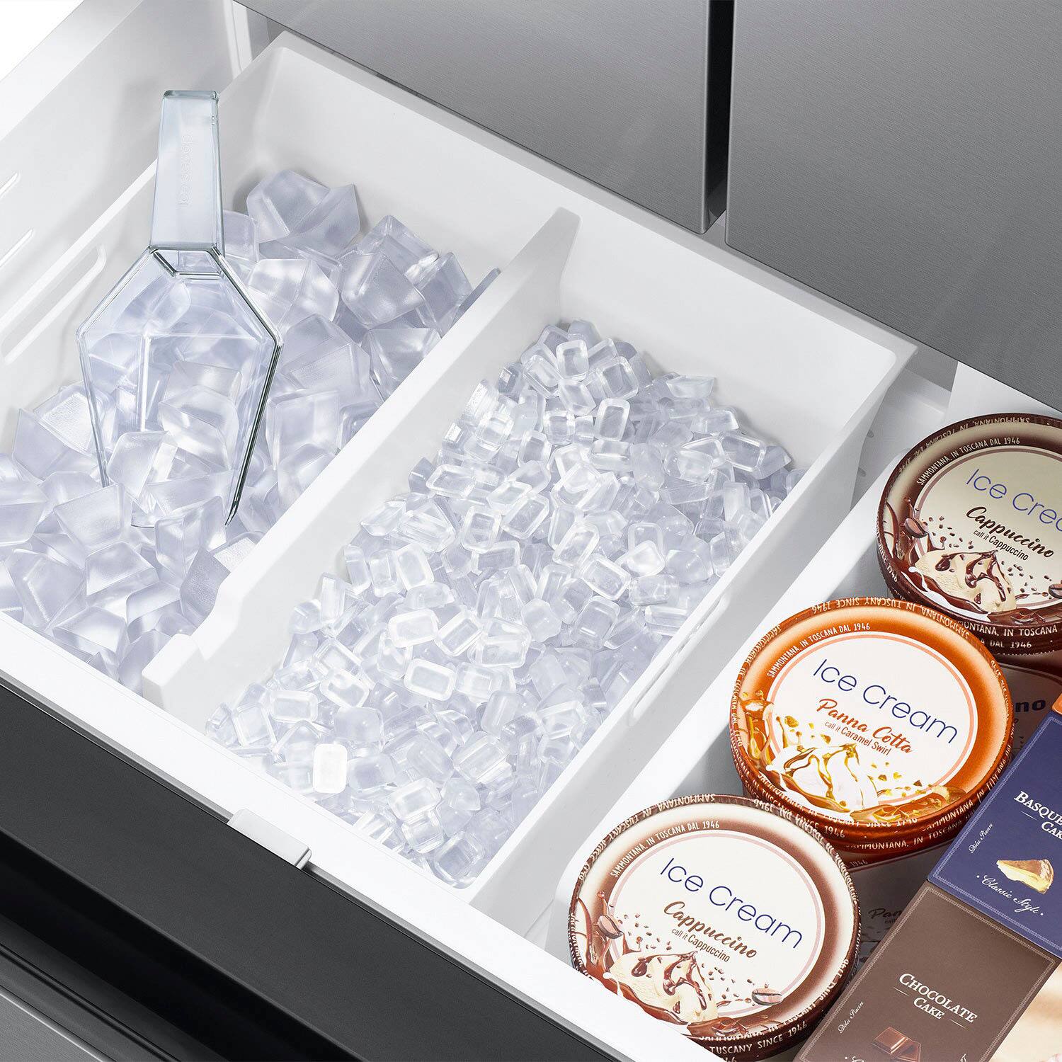 The image shows a refrigerator with an open drawer containing several containers of ice cream and a bottle of alcohol. The ice cream containers are placed in a tray, and the bottle is located near the top left corner of the drawer. The containers are of different sizes and are spread across the drawer. The refrigerator is filled with various types of ice cream, offering a variety of flavors and options for those who want to enjoy a cold treat.