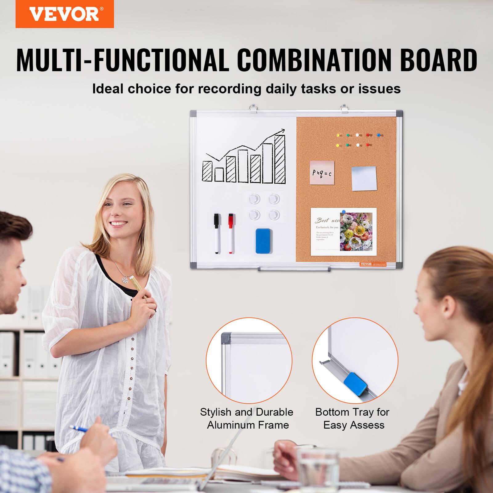 VEVOR MULTI-FUNCTIONAL COMBINATION BOARD Ideal choice for recording daily tasks or issues
Stylish and Durable Aluminum Frame
Bottom Tray for Easy Assess
