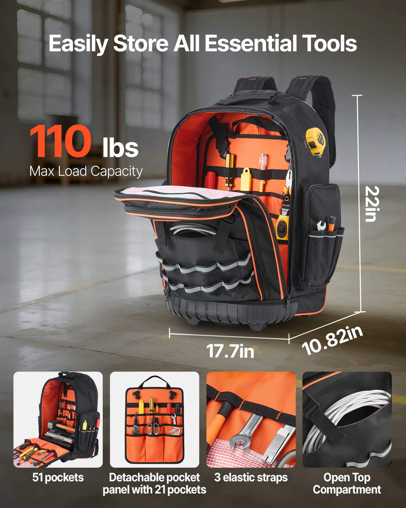 VEVOR Rolling Tool Backpack, 110 lbs Load Capacity, 72 Pockets