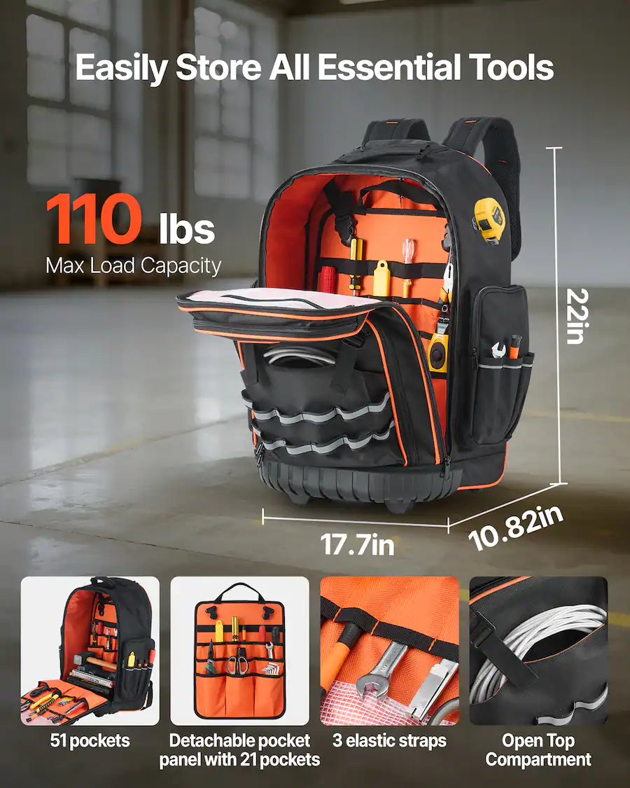 Wheel Load Distribution VEVOR Rolling Tool Backpack, 110 lbs Load Capacity, 72 Pockets Heavy ...