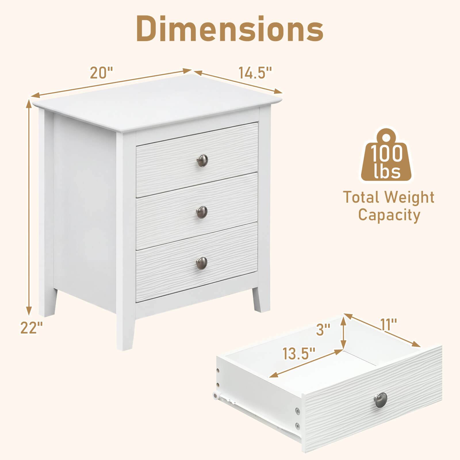 Dimensions: 20" x 14.5" x 22"  
Total Weight Capacity: 100 lbs  
Drawer Dimensions: 13.5" x 11" x 3"