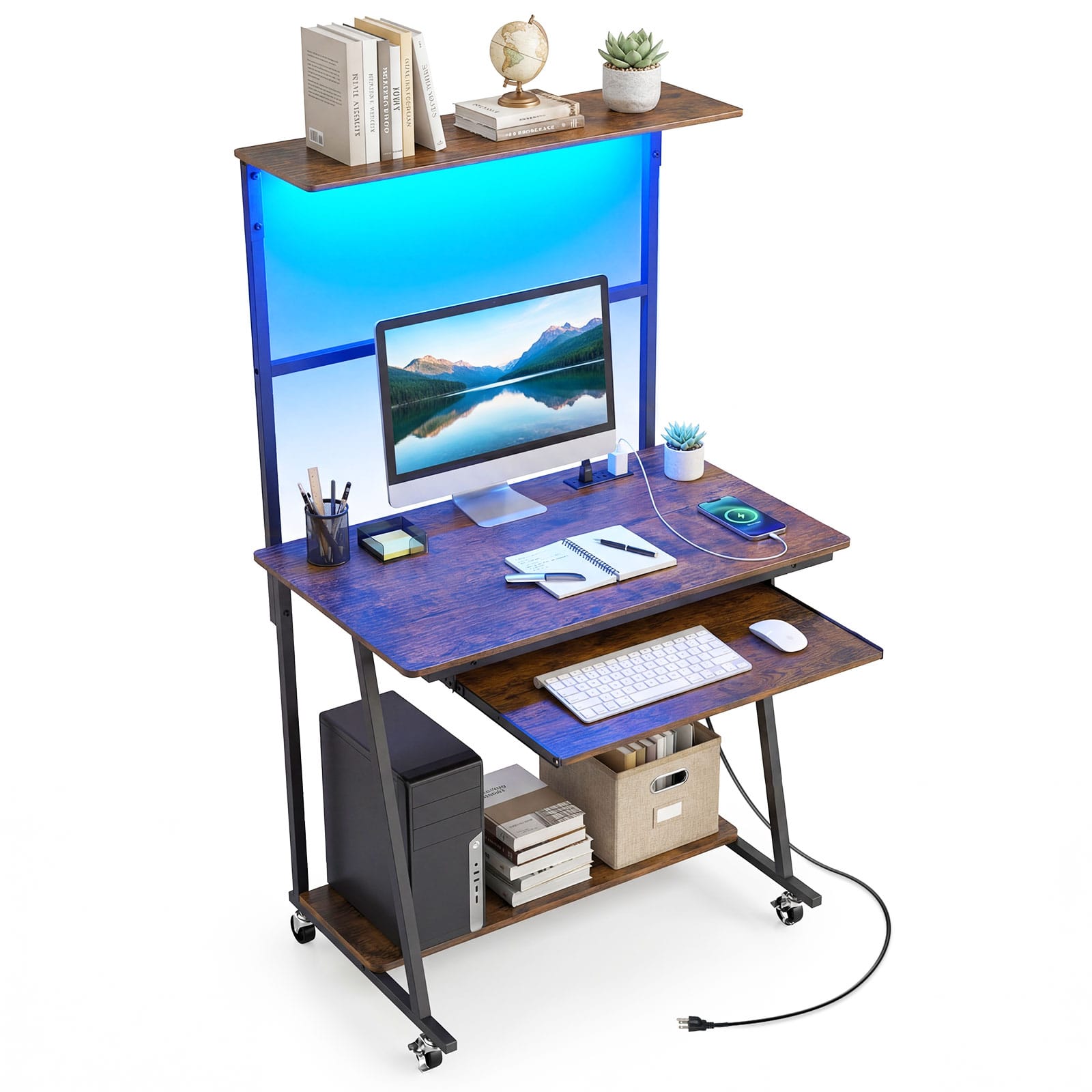 Costway - Rolling Office Desk with Charging Station Lights Hutch Keyboard Tray Bottom Shelf - Rustic Brown
